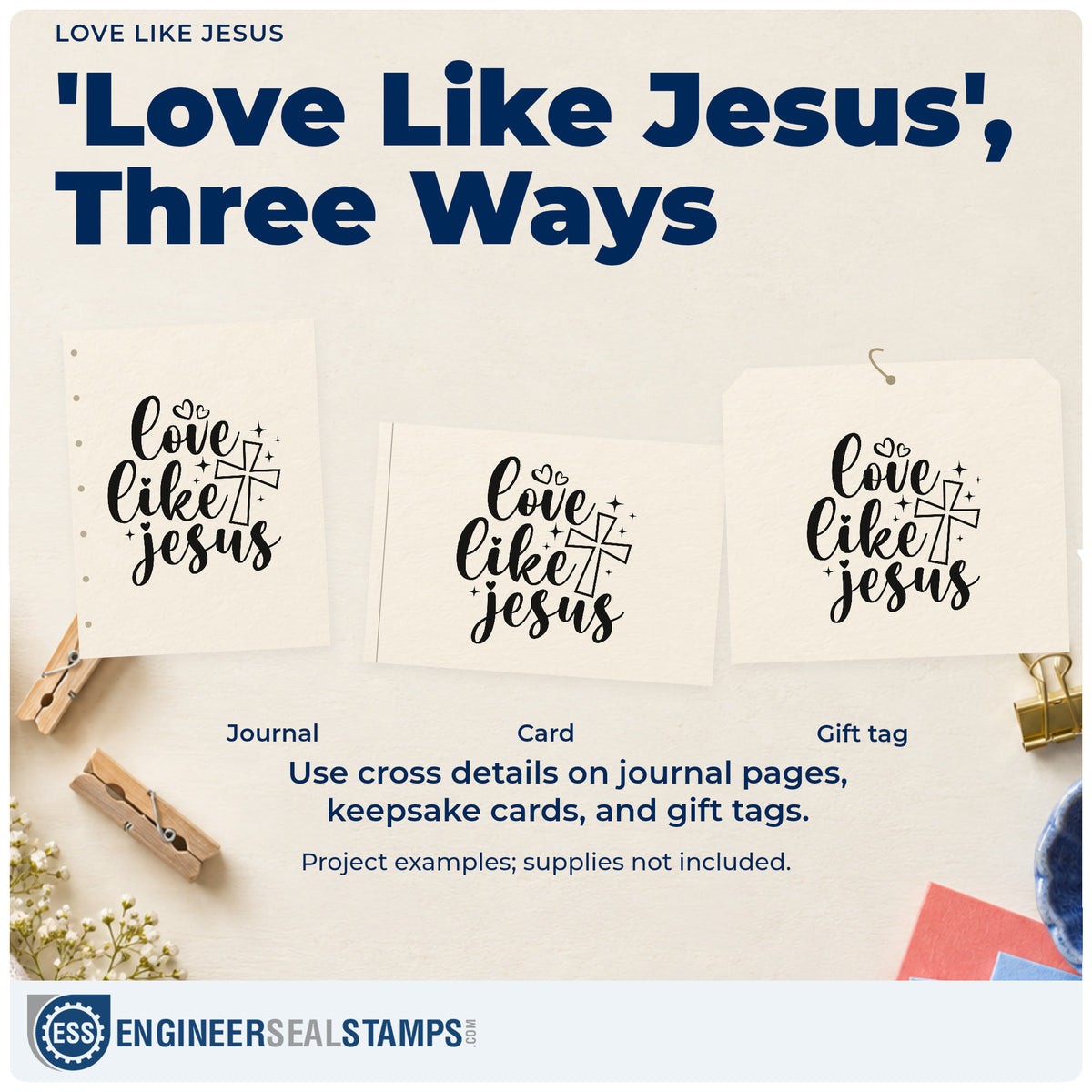 Three project examples made with the Love Like Jesus Outlined Cross Self-Inking Craft Stamp, including service day pages.