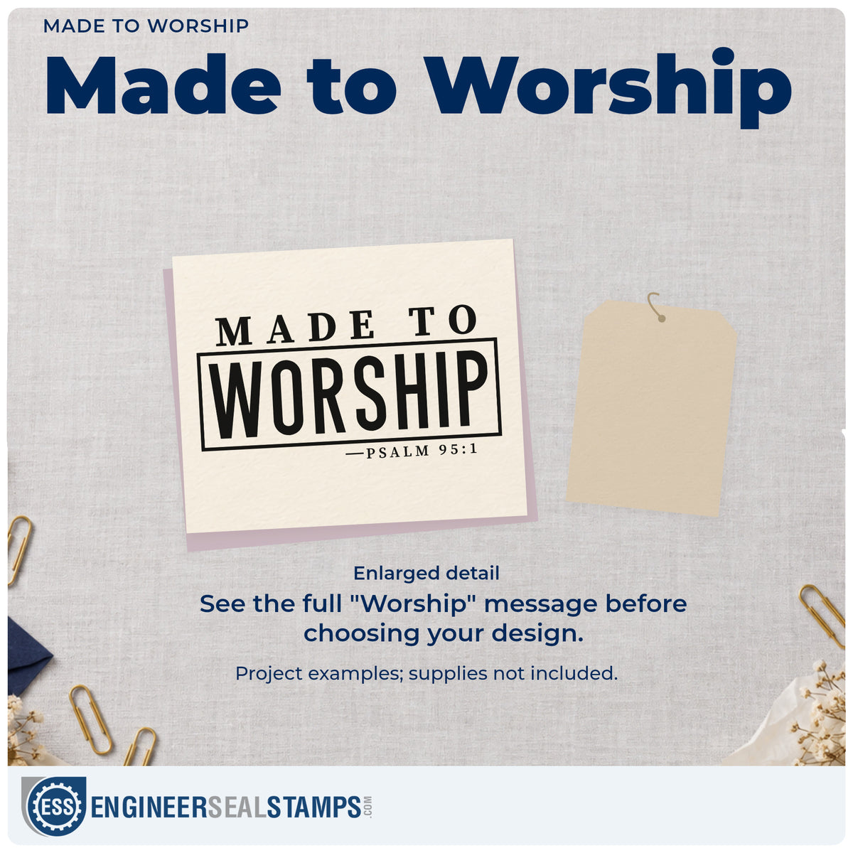 Enlarged detail of the Made To Worship Frame Accent Stamp – Duo Hand imprint. A rectangular outline emphasizes "Worship" beneath "Made to," with Psalm 95:1 below.
