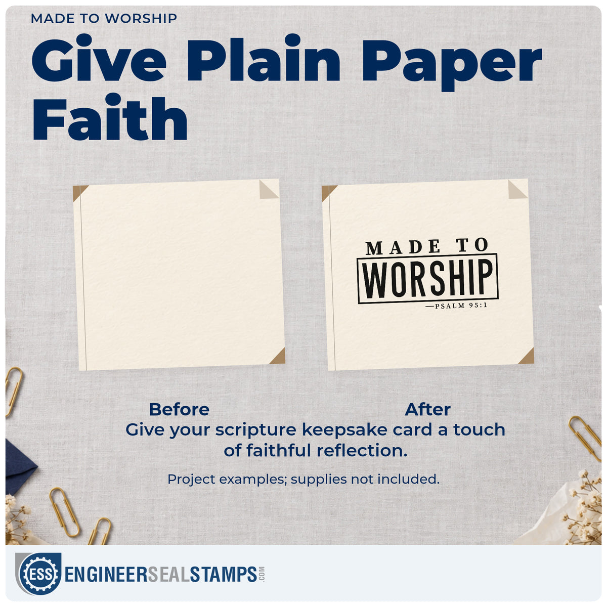 Before and after of a plain item finished with the Made To Worship Frame Accent Stamp - Premium Vintage Pro Wooden, a quick upgrade for music stand cards.