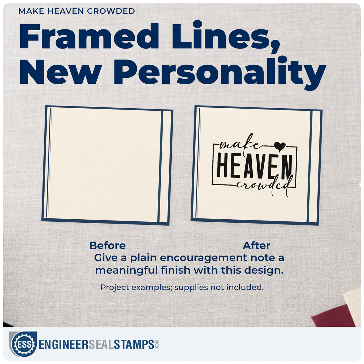 Before and after of a plain item finished with the Make Heaven Crowded Stamp – Self-Inking, a quick upgrade for vbs volunteer gifts.