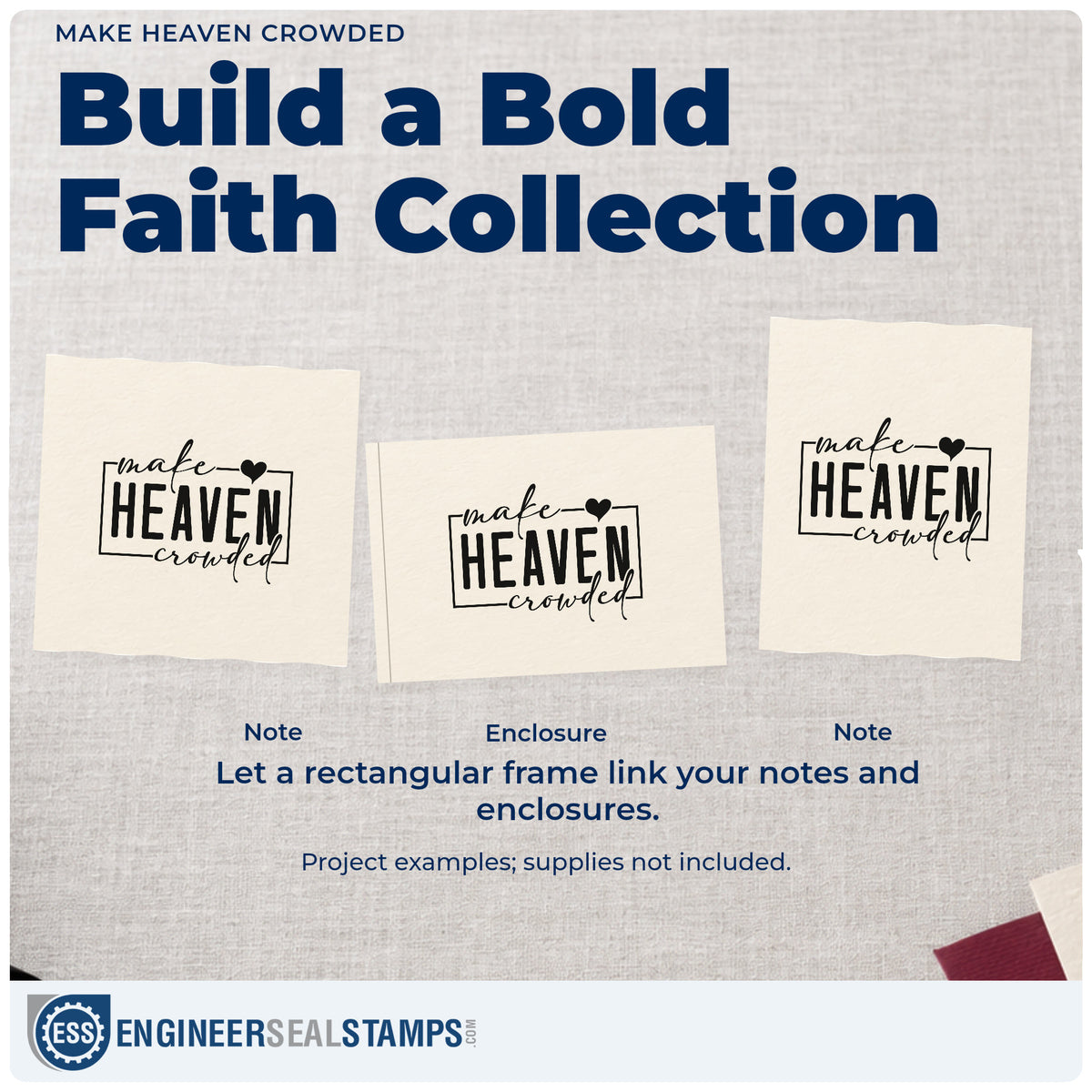 Three project examples made with the Make Heaven Crowded Hand Stamp – Duo, including mission trip pages.