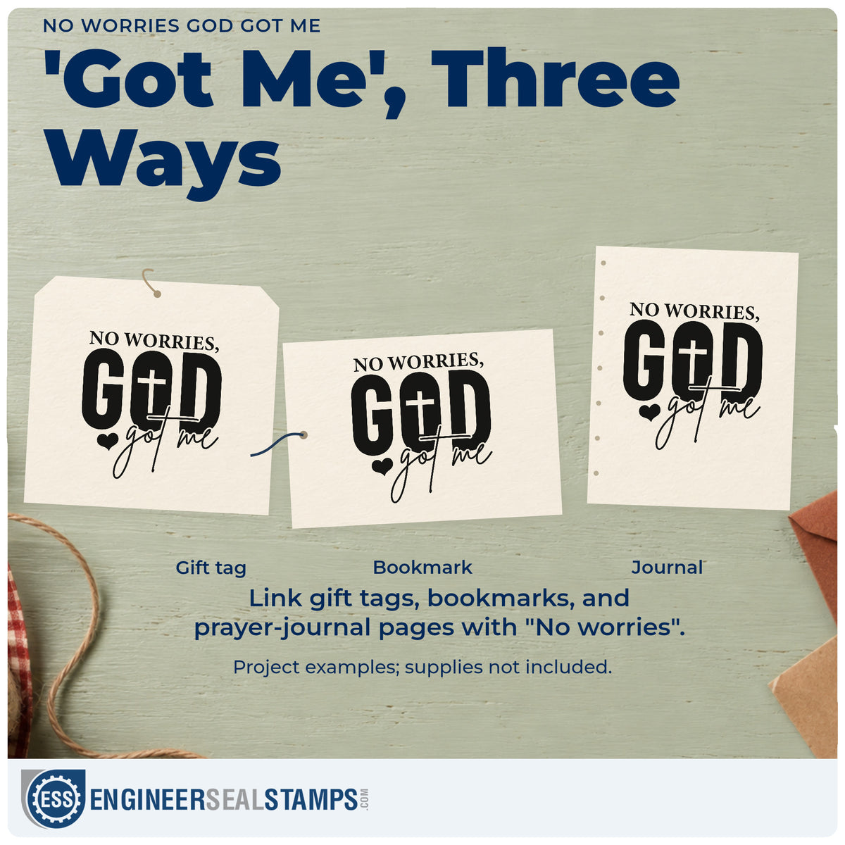 Three project examples made with the Duo Hand No Worries God Got Me With Cross Rubber Stamp, including relaxed day pages.