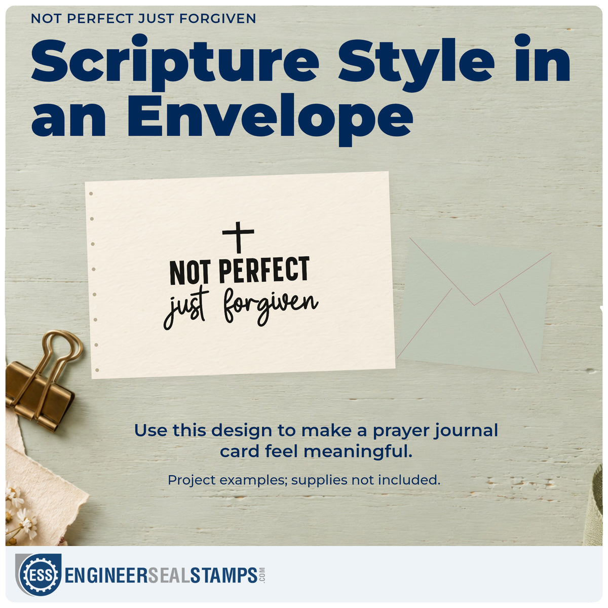 A finished handmade project stamped with the Not Perfect Just Forgiven Premium Wood-Mounted Stamp - Vintage Pro, ideal for confession journal covers.