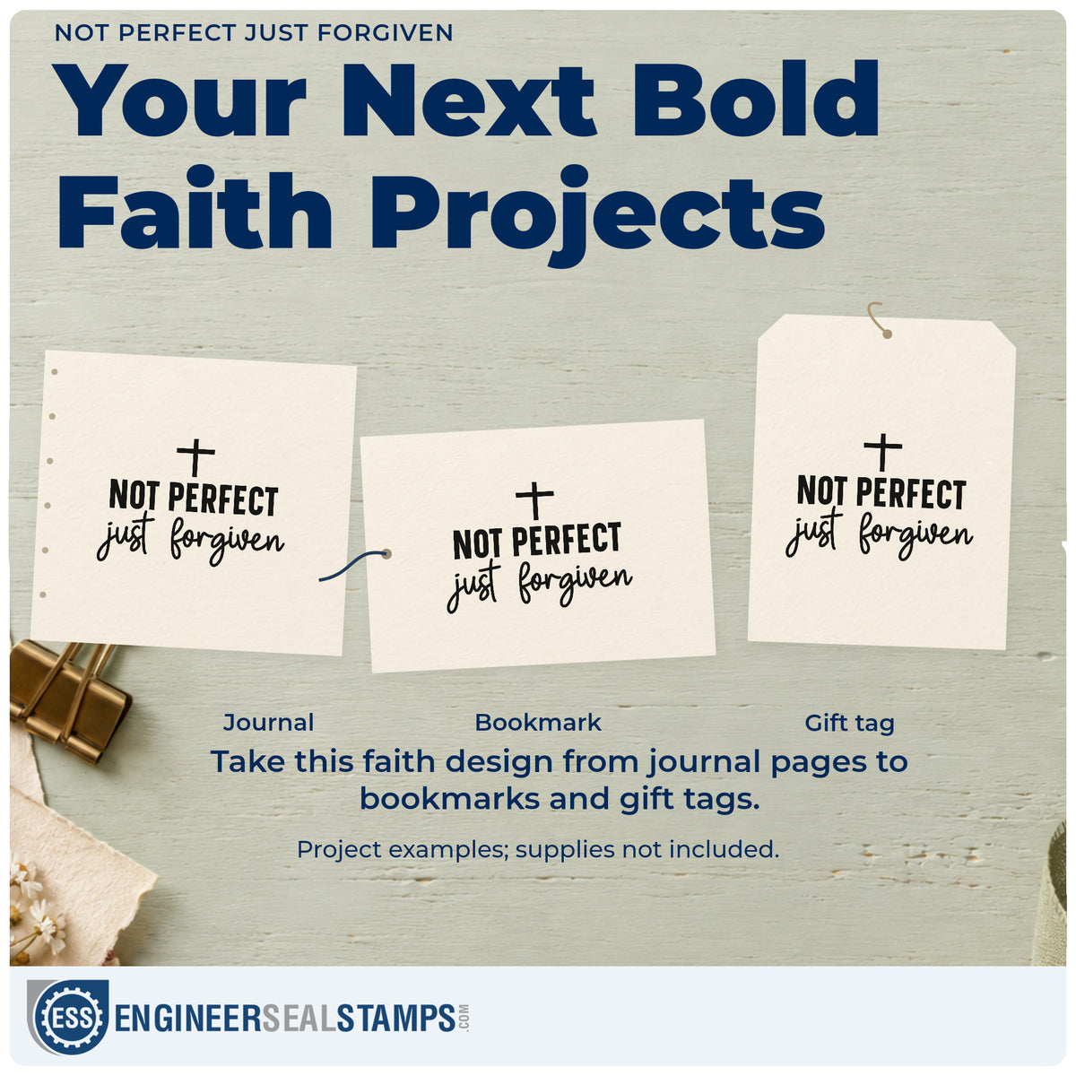 Three project examples made with the Not Perfect Just Forgiven Hand Stamp – Duo, including imperfect family pages.