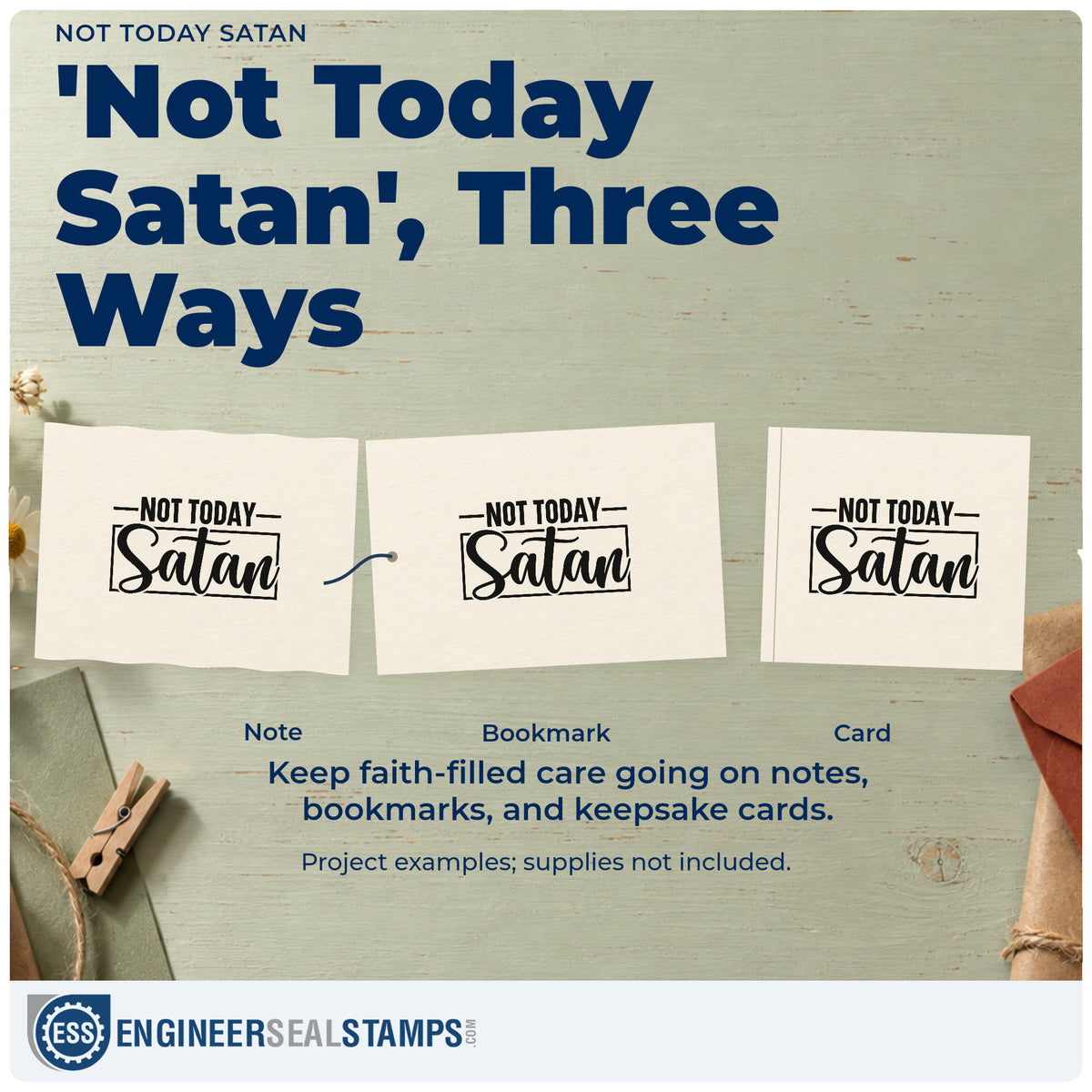 Three project examples made with the Not Today Satan Frame Accent Wood Handle Stamp, including victory pages.