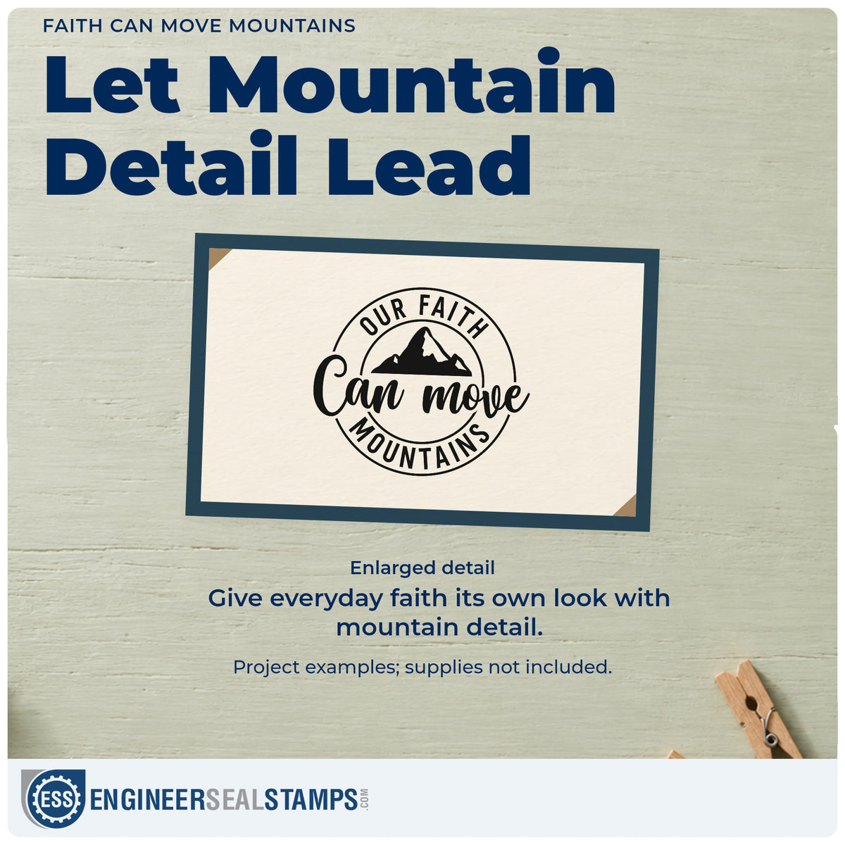 Enlarged detail of the Pre-Inked Our Faith Can Move Mountains Stamp – PSI imprint. A mountain silhouette sits inside a circular "Our faith can move mountains" design.