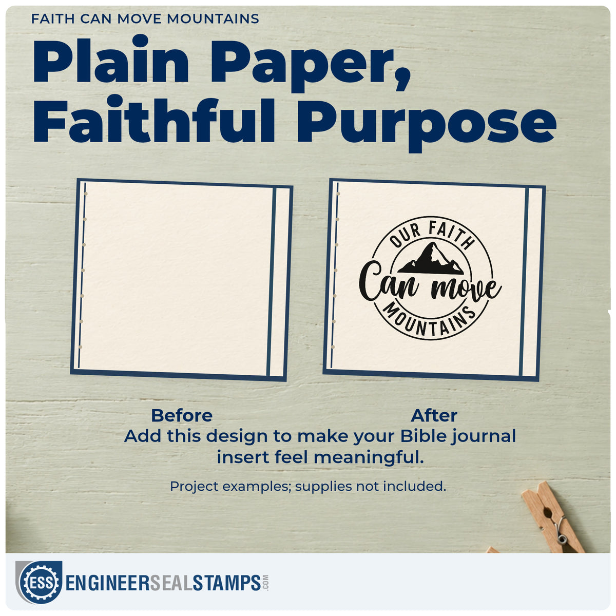 Before and after of a plain item finished with the Our Faith Can Move Mountains Craft Stamp – Self-Inking, a quick upgrade for coasters.