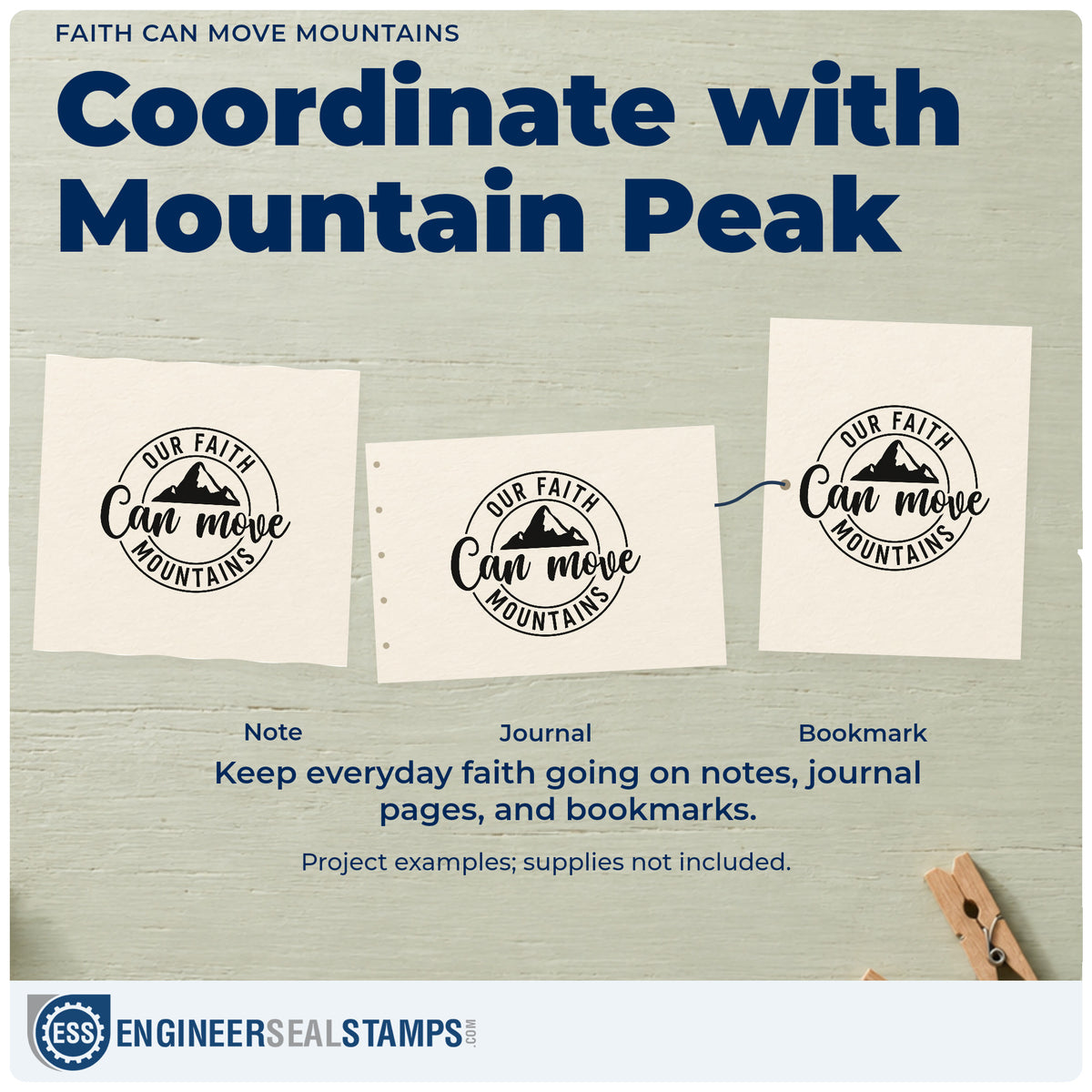 Three project examples made with the Vintage Pro Our Faith Can Move Mountains Premium Wooden Stamp, including group trip pages.