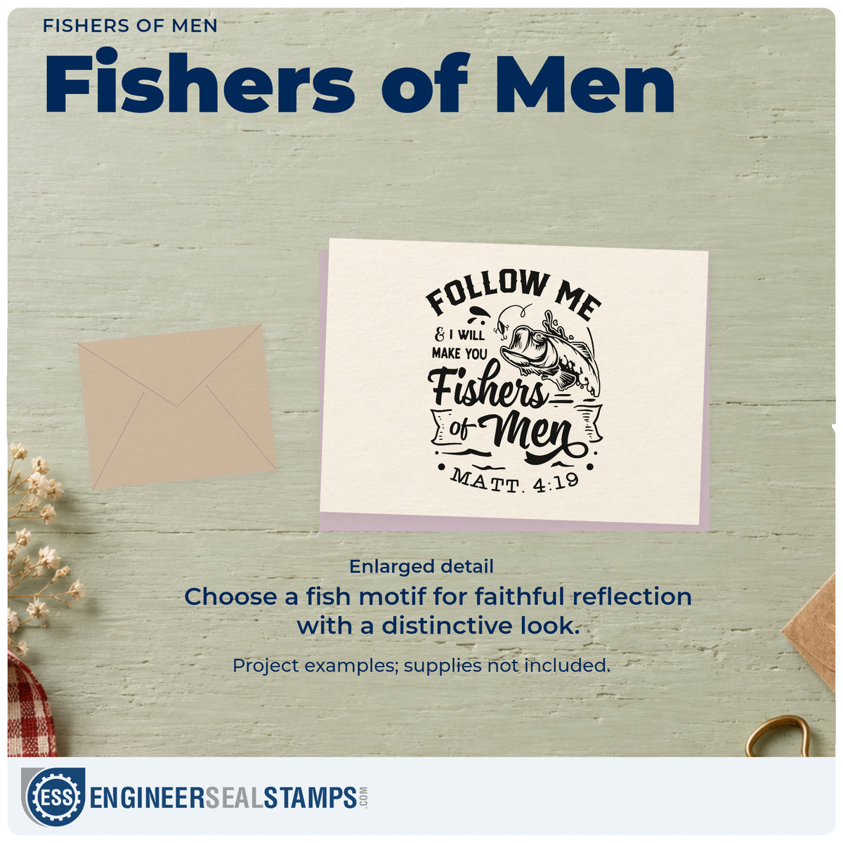 Enlarged detail of the Fishers Of Men Stamp – Wood Handle imprint. A fish leaping toward a hook accompanies "Follow me & I will make you fishers of men," with Matthew 4:19.