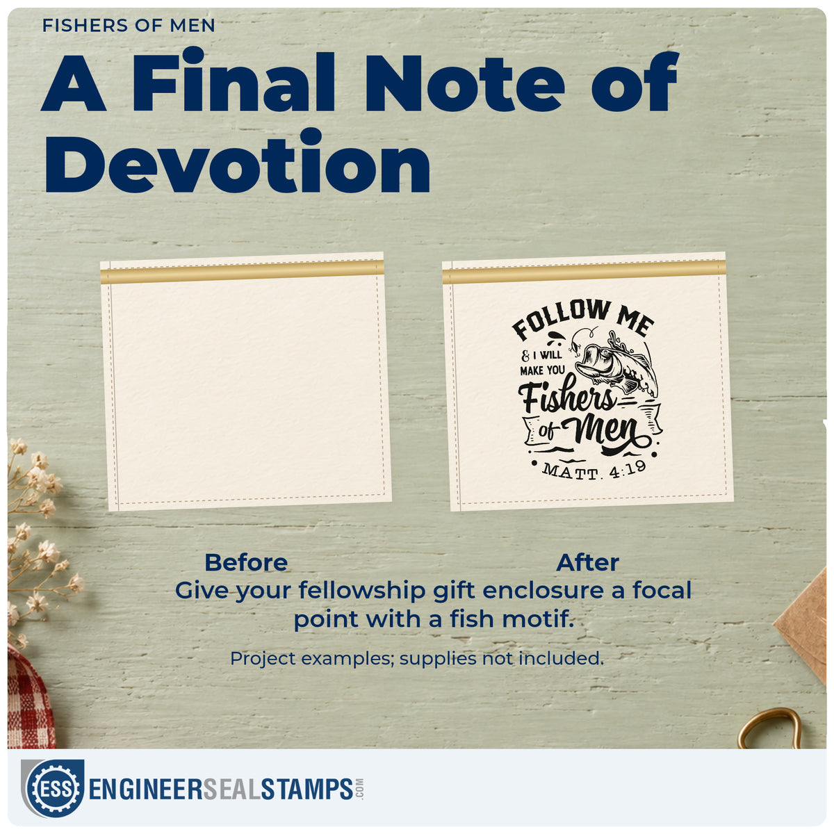 Before and after of a plain item finished with the Fishers Of Men Premium Wooden Stamp - Vintage Pro, a quick upgrade for church picnic signs.