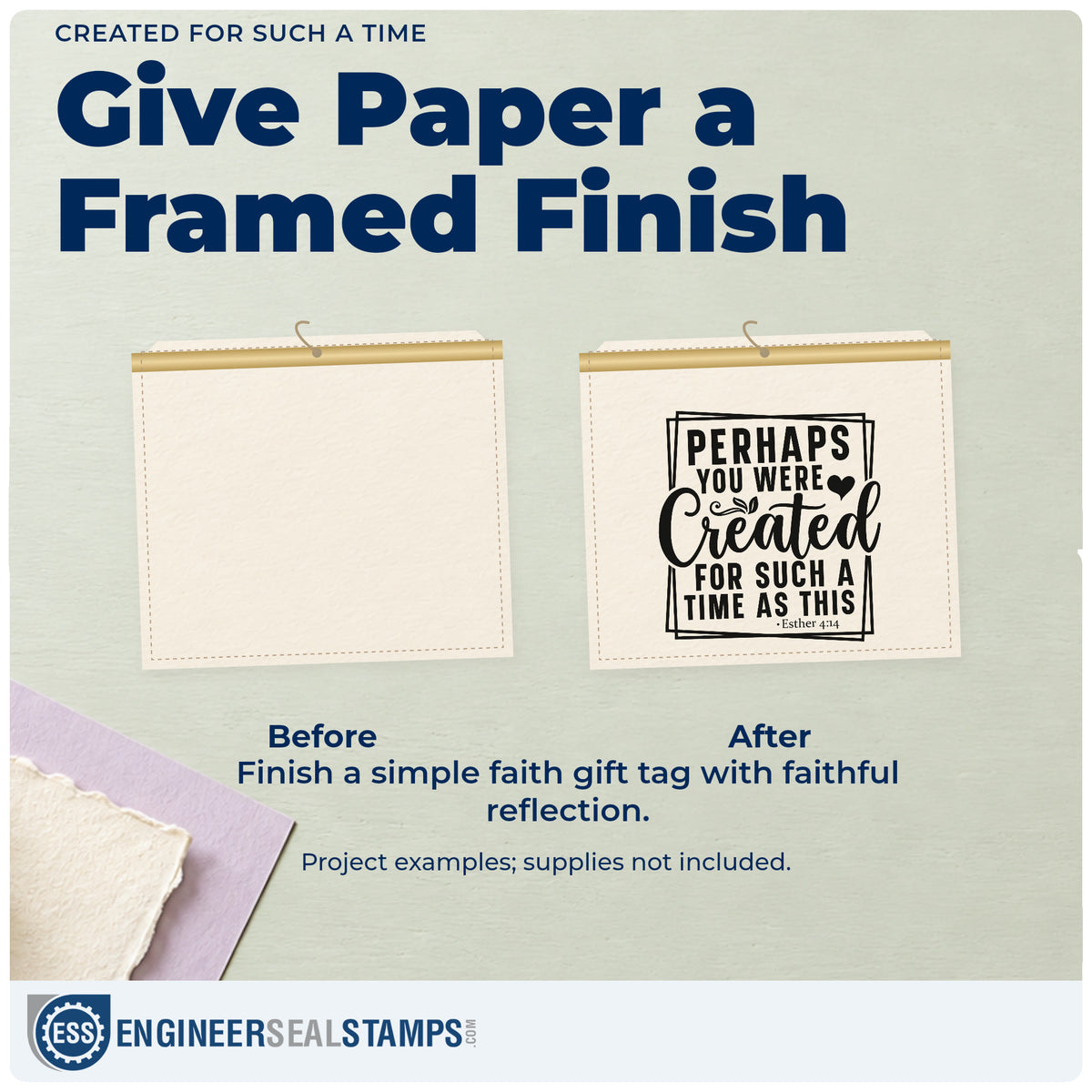 Before and after of a plain item finished with the Perhaps You Were Created For Such A Time As This Pre-Inked Stamp – Slim, a quick upgrade for election volunteer notes.