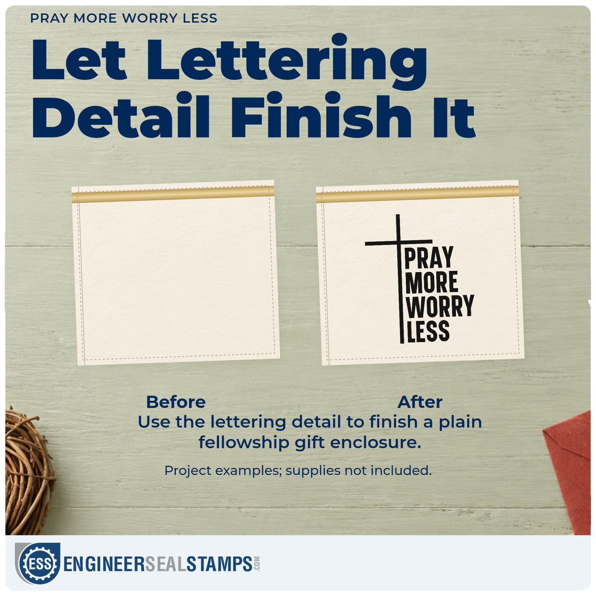 Before and after of a plain item finished with the Pray More, Worry Less With Cross Stamp - Premium Vintage Pro Wooden, a quick upgrade for grandparent gifts.