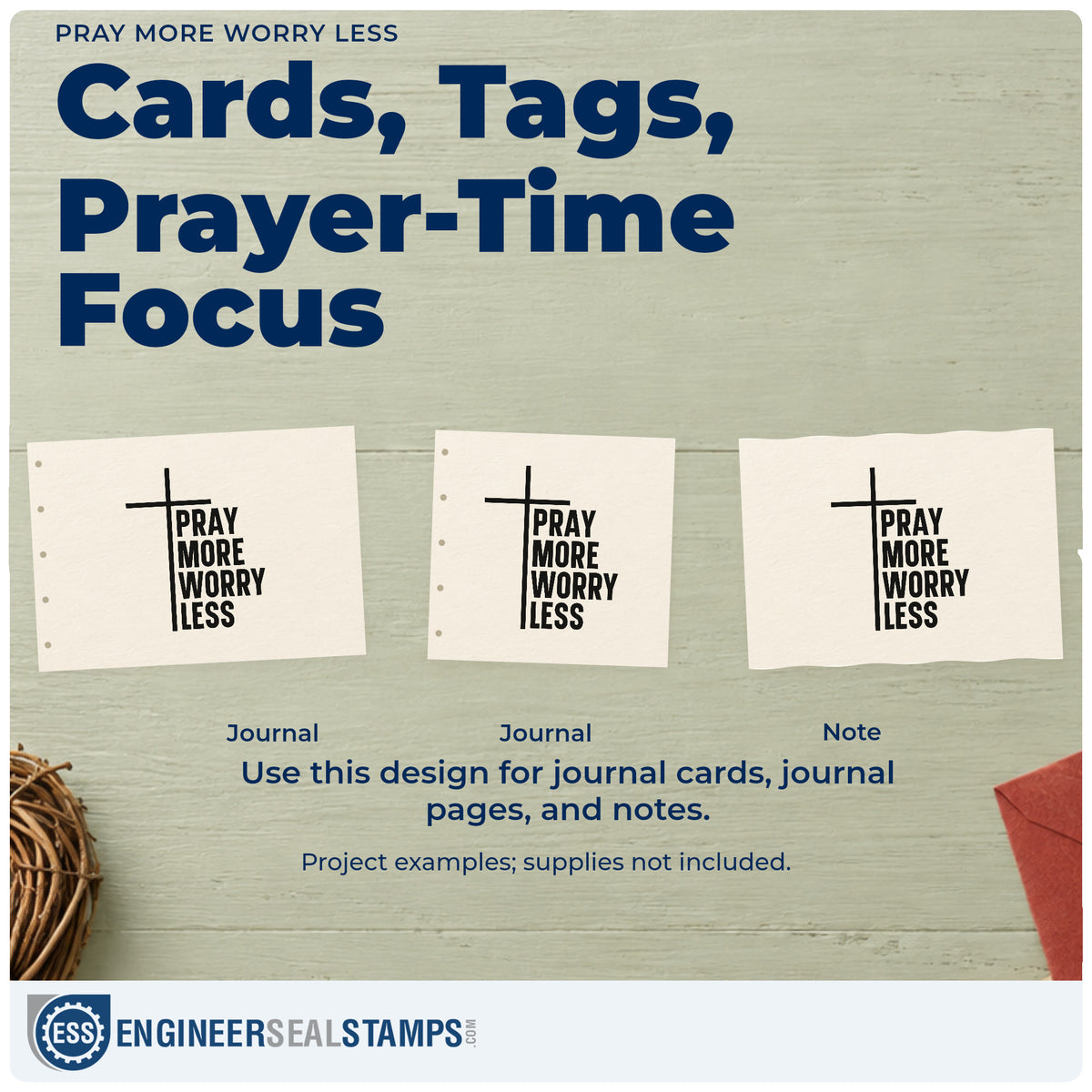 Three project examples made with the Pray More, Worry Less With Cross Pre-Inked Stamp – PSI, including calm season pages.