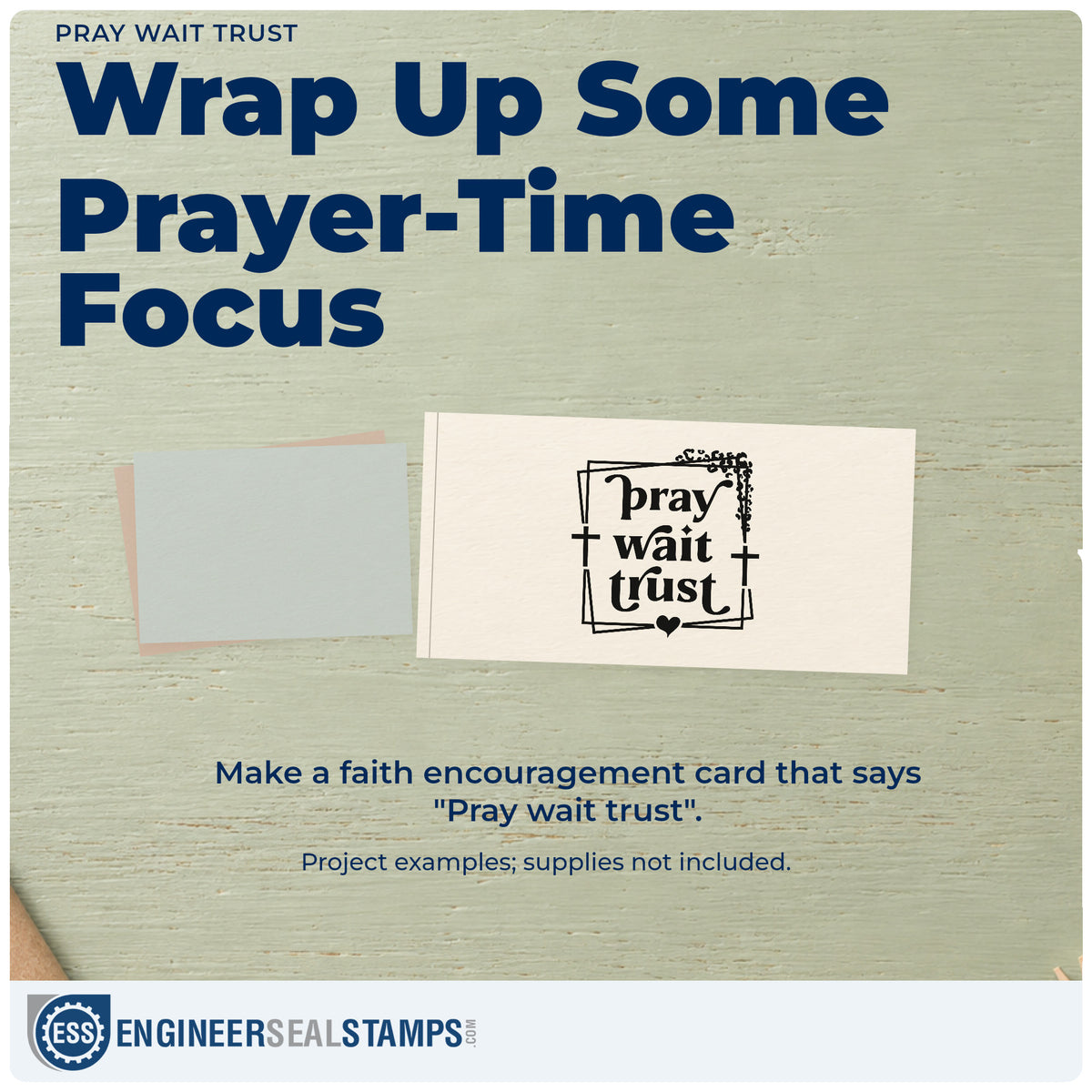 A finished handmade project stamped with the Pray Wait Trust With Cross Wood Handle Stamp, ideal for adoption journey gifts.