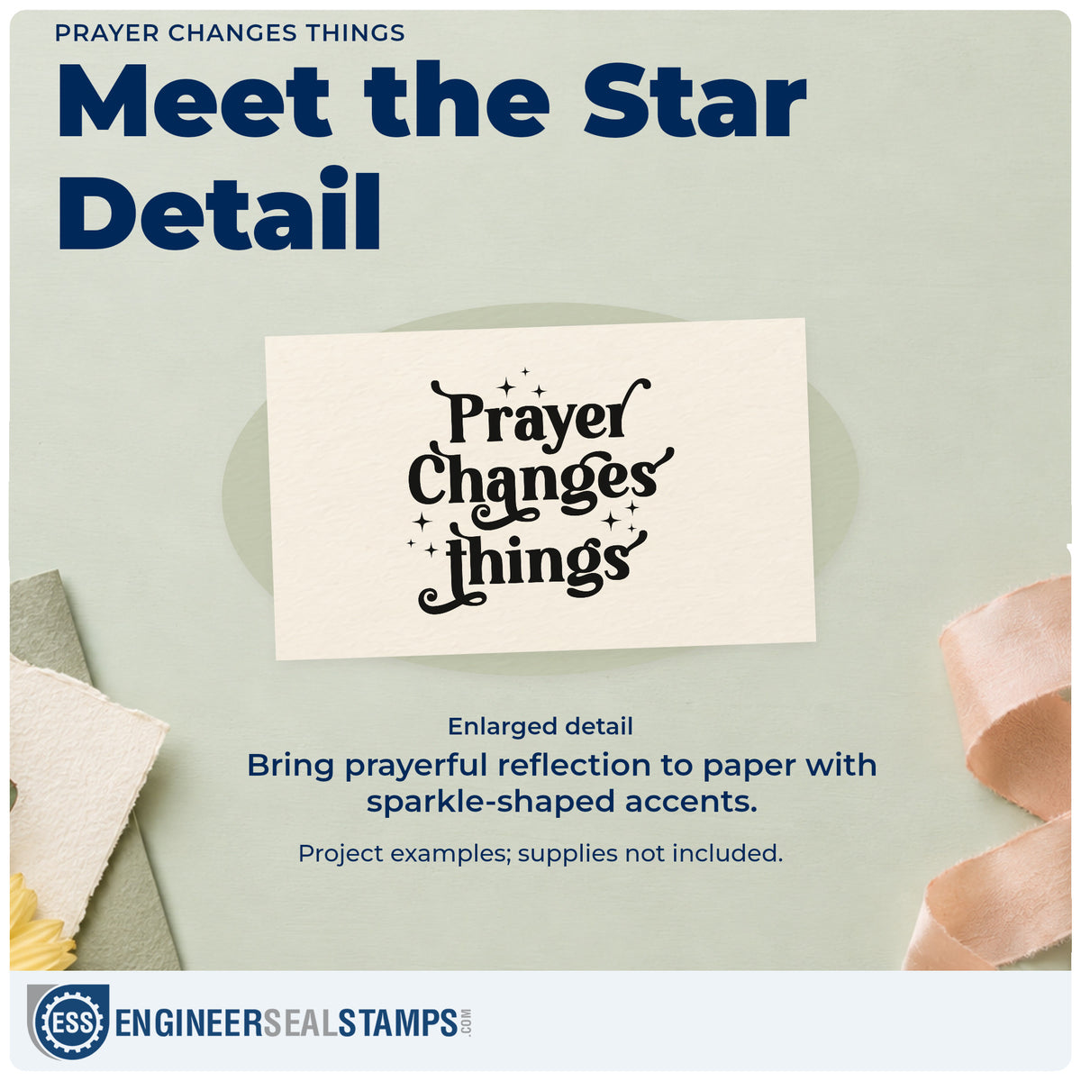 Enlarged detail of the Prayer Changes Things Stamp – Self-Inking imprint. Decorative serif lettering reads "Prayer changes things," surrounded by small sparkles.