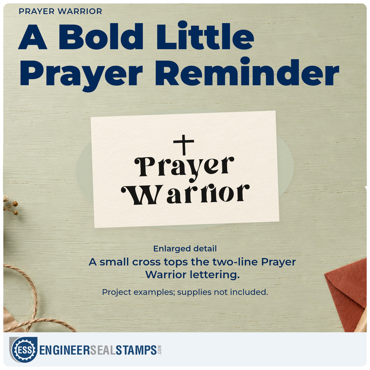 Enlarged detail of the Prayer Warrior With Cross Wood Handle Stamp imprint. A small cross tops two lines of bold decorative lettering reading "Prayer warrior."