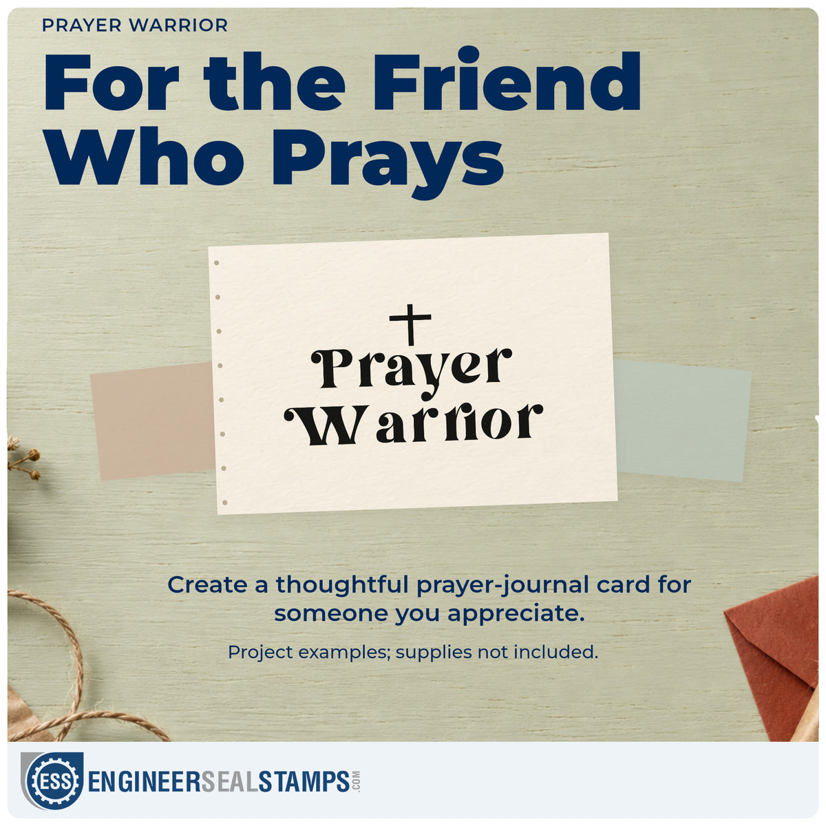 A finished handmade project stamped with the Prayer Warrior With Cross Wood Handle Stamp, ideal for intercessor gifts.