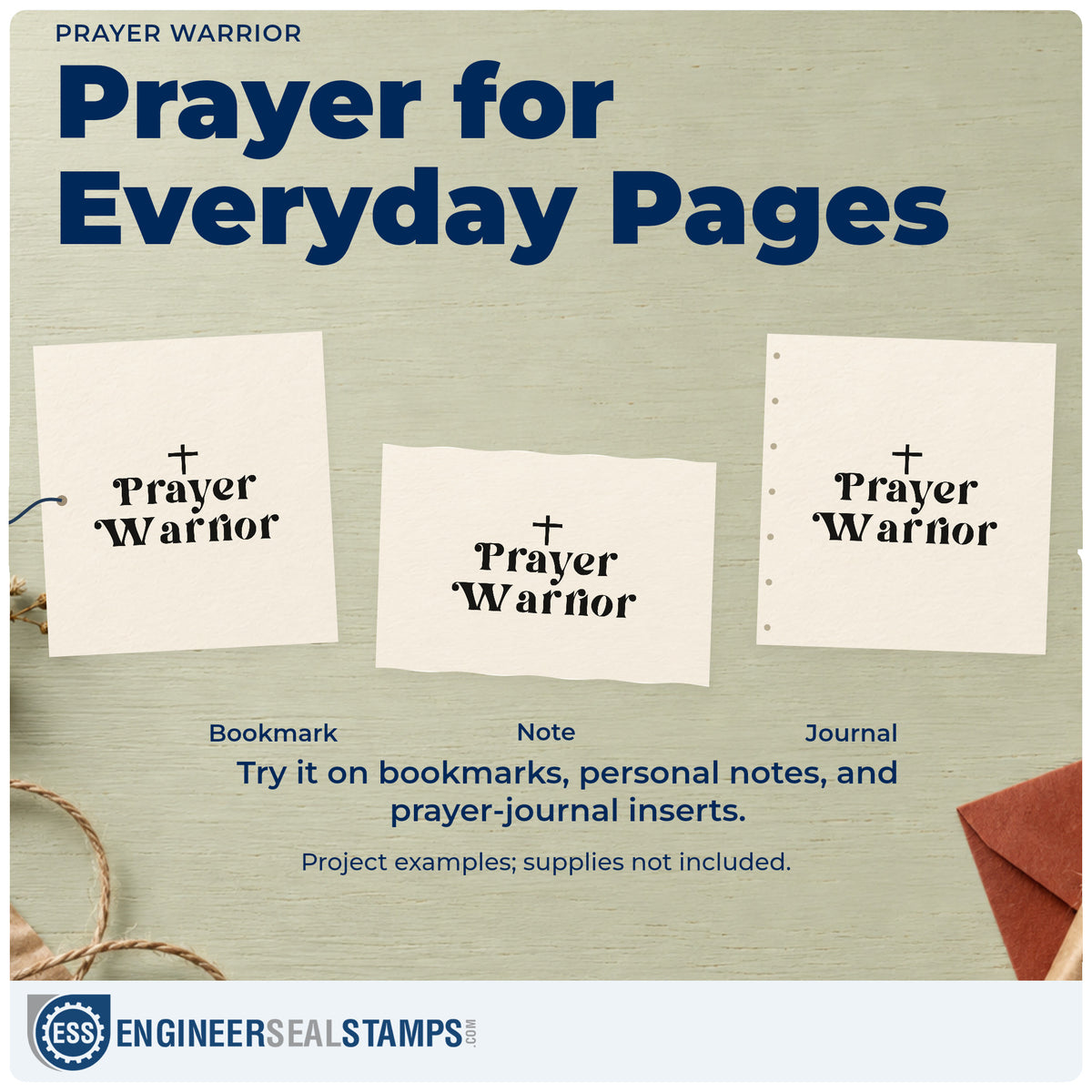 Three project examples made with the Prayer Warrior With Cross Wood Handle Stamp, including legacy pages.