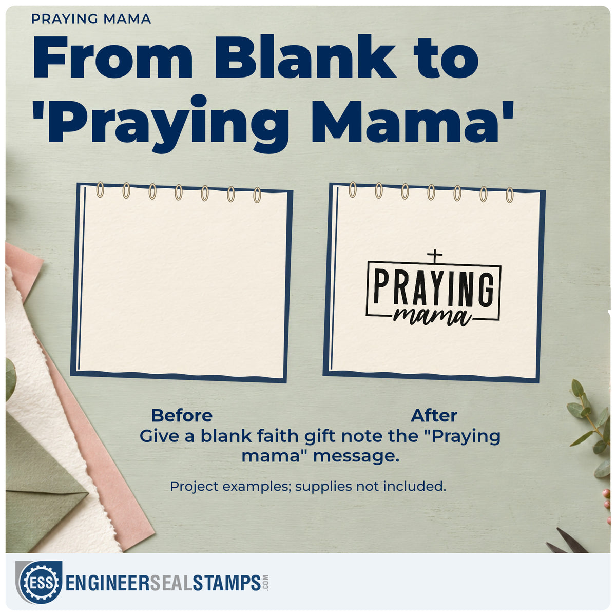 Before and after of a plain item finished with the Praying Mama PSI Pre-Inked Stamp, a quick upgrade for ladies' group favors.