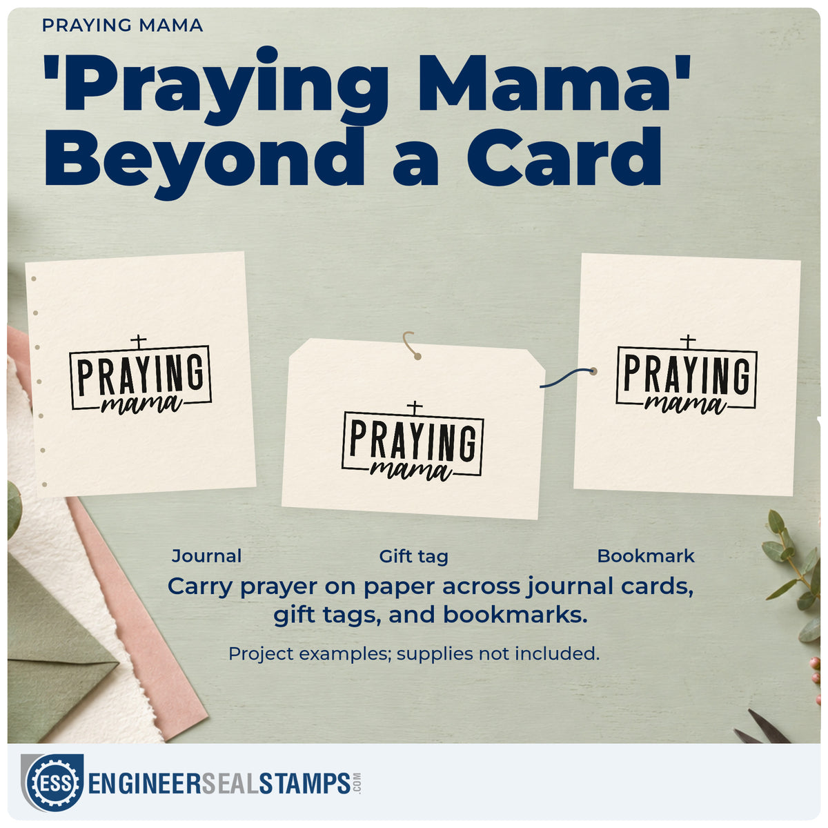 Three project examples made with the Vintage Pro Praying Mama Premium Wooden Stamp, including motherhood pages.