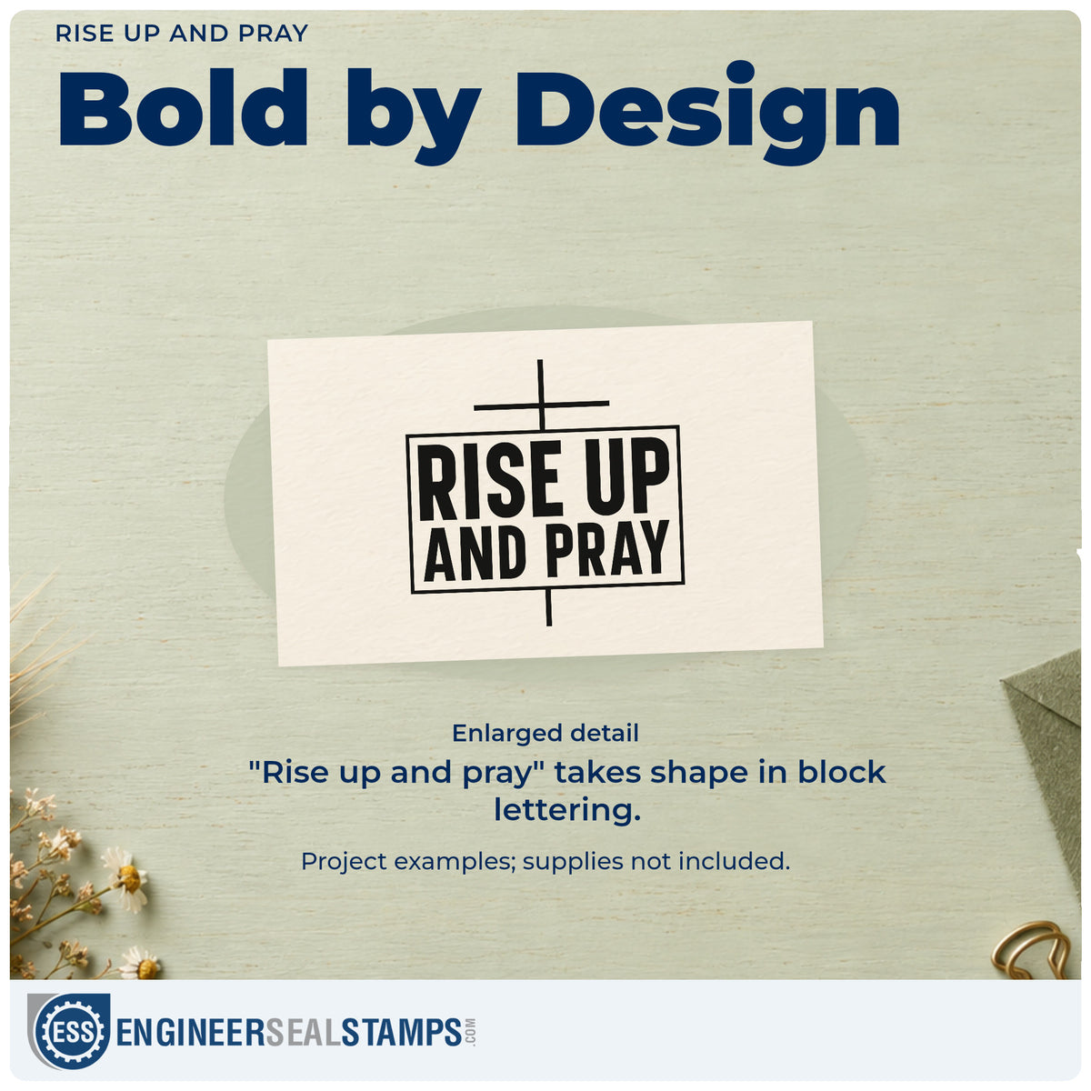 Enlarged detail of the Rise Up And Pray With Cross Self-Inking Stamp imprint. A large cross extends above and below a framed block of "Rise up and pray" lettering.