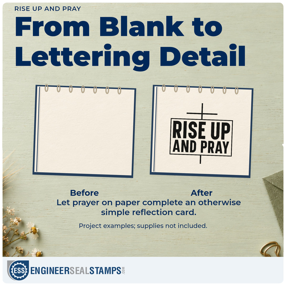 Before and after of a plain item finished with the Rise Up And Pray With Cross Slim Pre-Inked Stamp, a quick upgrade for national prayer day signs.