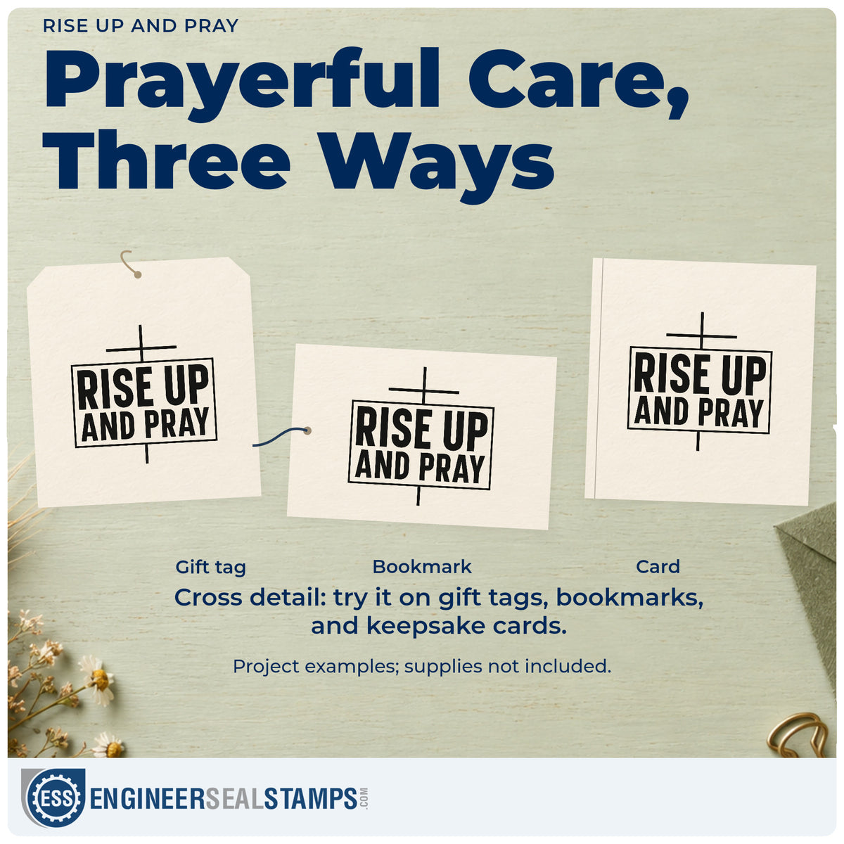 Three project examples made with the Rise Up And Pray With Cross Self-Inking Stamp, including revival pages.