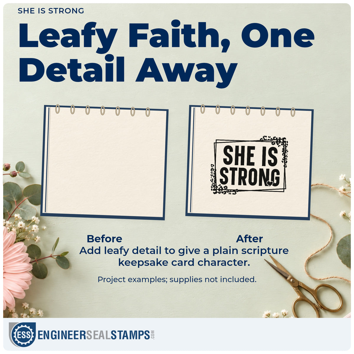Before and after of a plain item finished with the She Is Strong Botanical Lettering Hand Stamp – Duo, a quick upgrade for widow support notes.