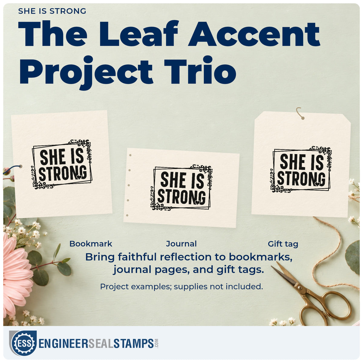Three project examples made with the Pre-Inked She Is Strong Botanical Lettering Stamp – PSI, including tribute pages.