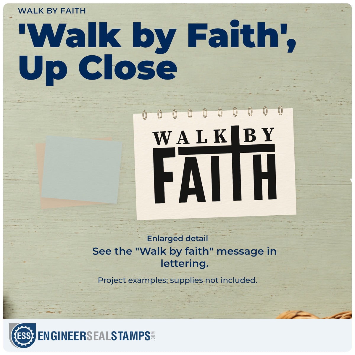 Enlarged detail of the Walk By Faith With Cross Self-Inking Craft Stamp imprint. A cross is incorporated into bold "Walk by faith" lettering.
