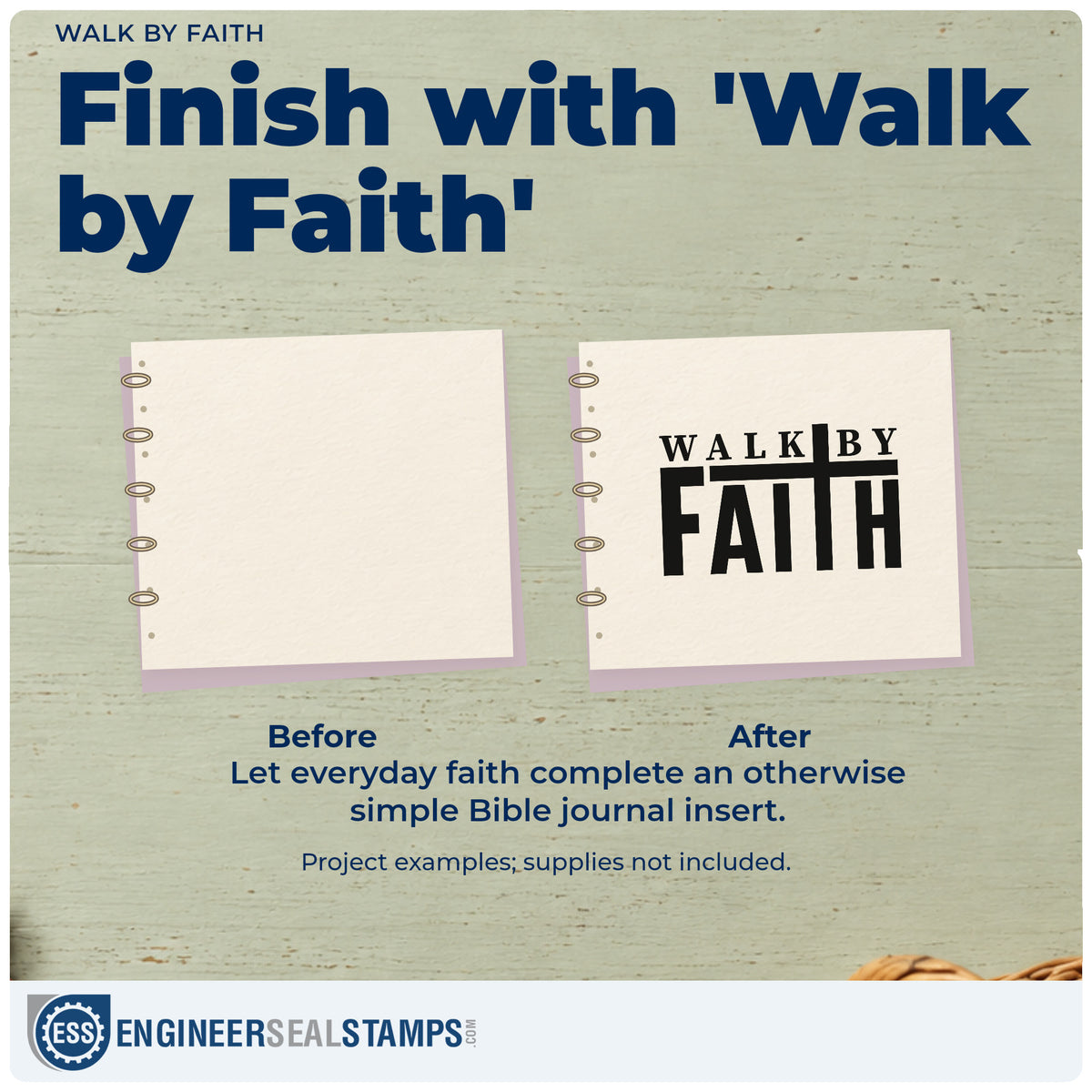 Before and after of a plain item finished with the Walk By Faith With Cross Self-Inking Craft Stamp, a quick upgrade for hiking boot gifts.