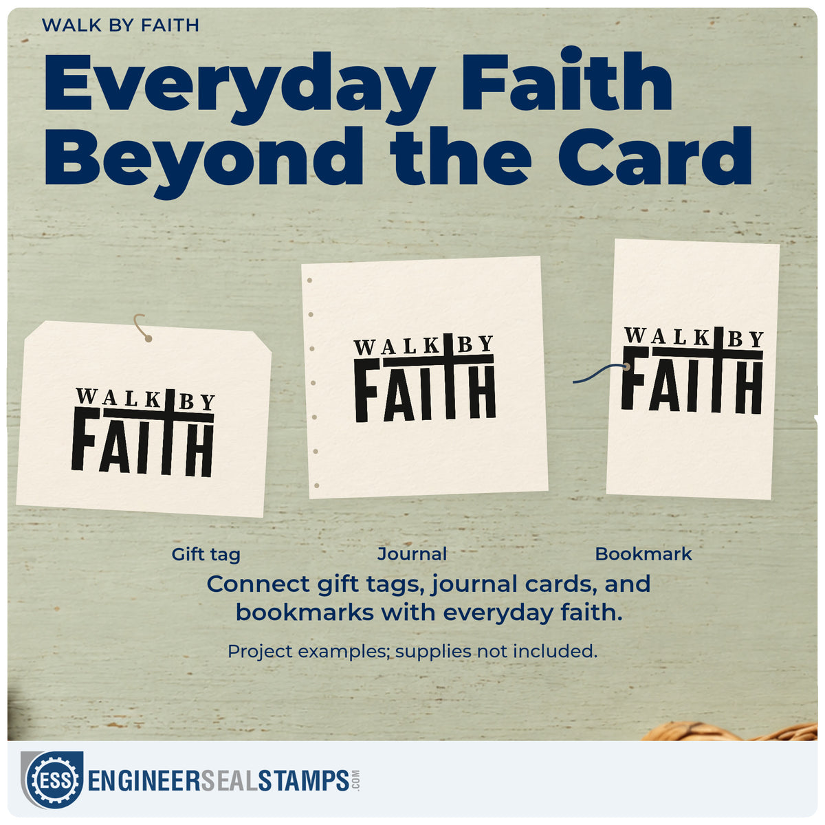 Three project examples made with the Premium Wooden Walk By Faith With Cross Stamp - Vintage Pro, including journey pages.