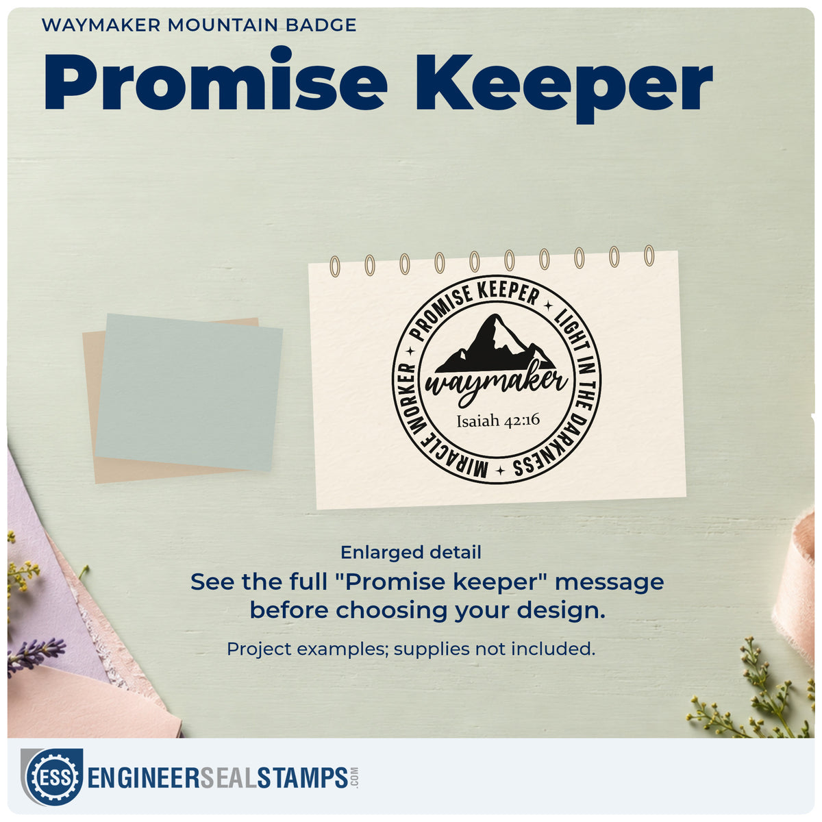 Enlarged detail of the Waymaker Mountain Badge Wood-Mounted Rubber Stamp imprint. A mountain sits inside a "Waymaker" badge with Isaiah 42:16, bordered by "Promise keeper," "Light in the darkness," and "Miracle worker."
