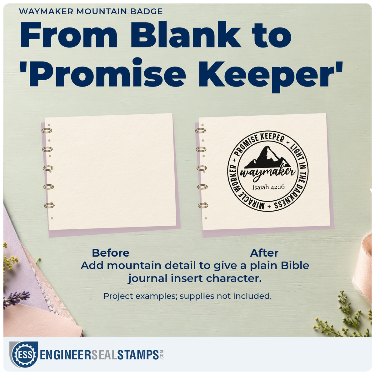 Before and after of a plain item finished with the Waymaker Mountain Badge Premium Wood-Mounted Stamp - Vintage Pro, a quick upgrade for coasters.