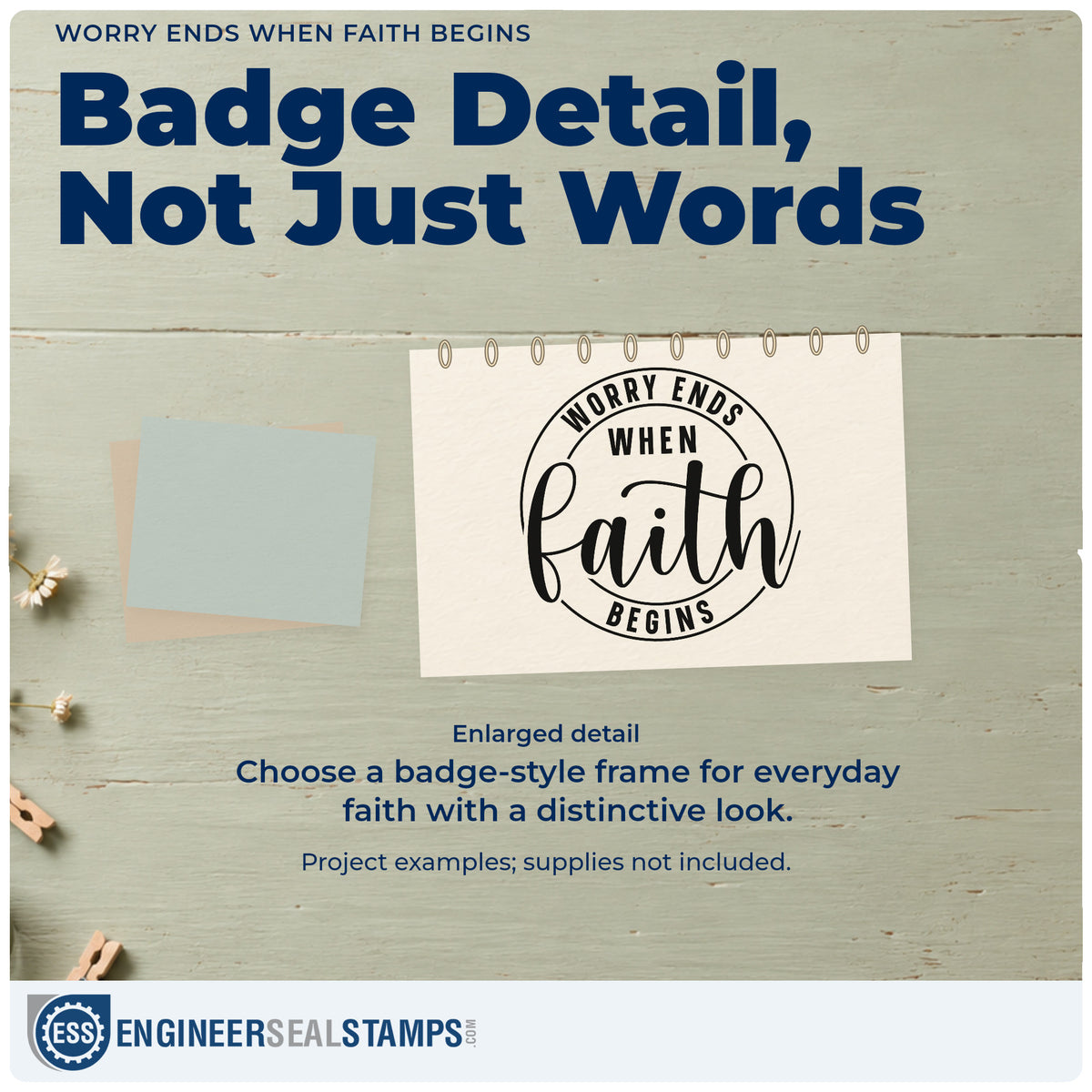 Enlarged detail of the Self-Inking Worry Ends When Faith Begins Circular Layout Stamp imprint. A circular outline frames "Worry ends when faith begins," with "Faith" in large script.