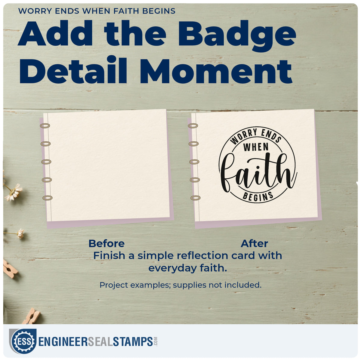 Before and after of a plain item finished with the Worry Ends When Faith Begins Circular Layout Wood Handle Stamp, a quick upgrade for canvas totes.