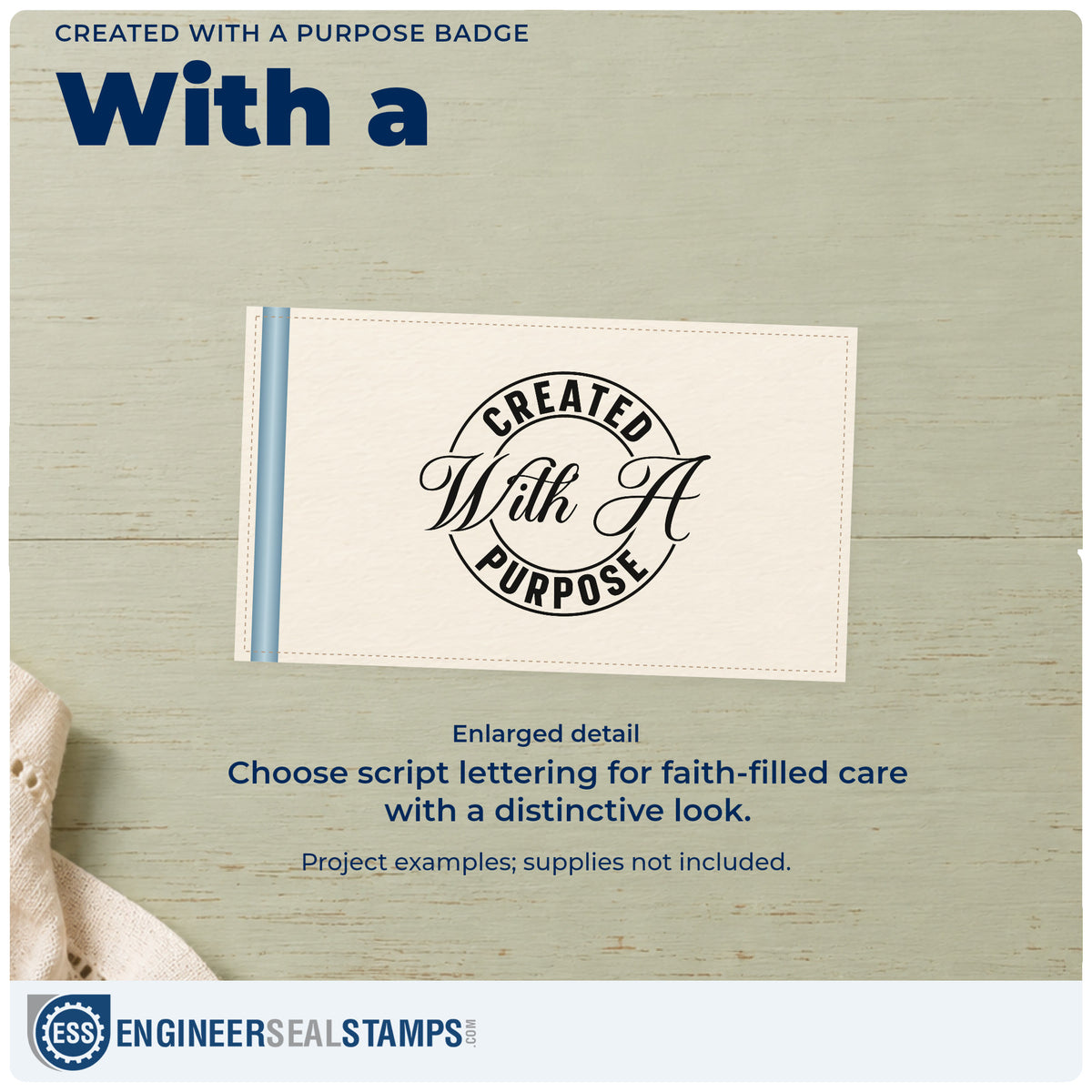 Enlarged detail of the Created With A Purpose Emblem Wood Handle Stamp imprint. A circular border carries "Created" and "Purpose" around large "With a" script.