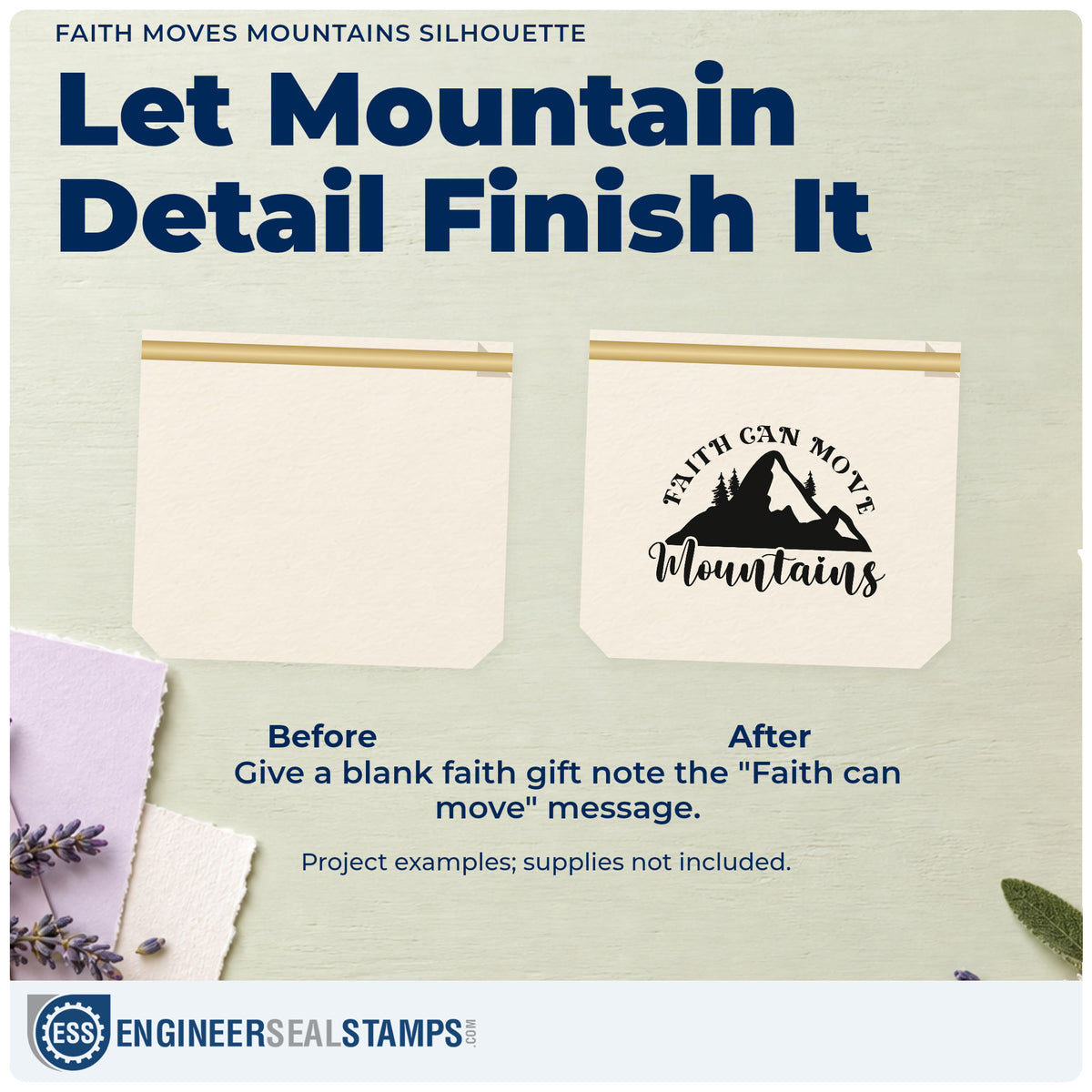 Before and after of a plain item finished with the Faith Moves Mountains Silhouette Rubber Stamp – Wood Handle, a quick upgrade for ski trip tags.