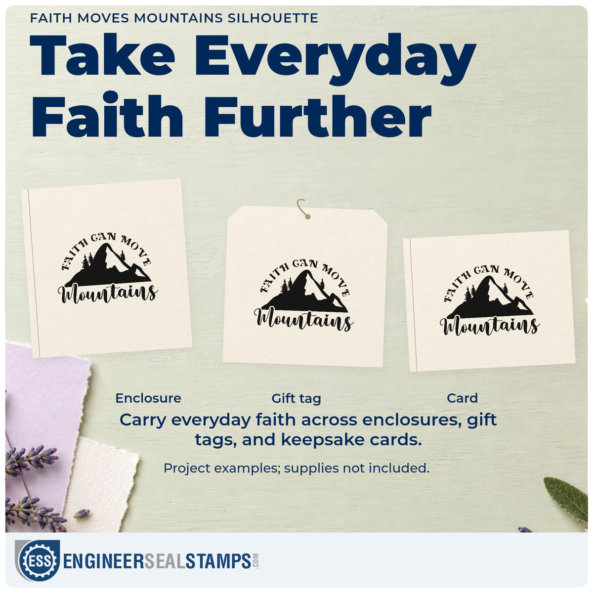 Three project examples made with the Faith Moves Mountains Silhouette Stamp – Self-Inking, including summit pages.