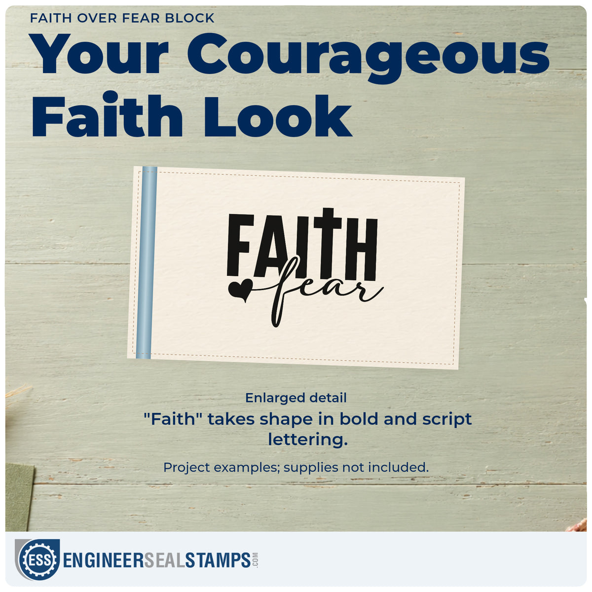 Enlarged detail of the Faith Over Fear Block With Cross Slim Pre-Inked Stamp imprint. Bold "Faith" incorporates a cross above "Fear" script, with a small solid heart.