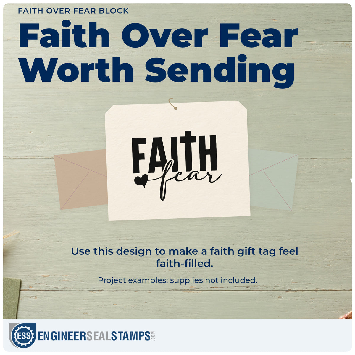A finished handmade project stamped with the Faith Over Fear Block With Cross Rubber Stamp – Duo Hand, ideal for skydive gift tags.