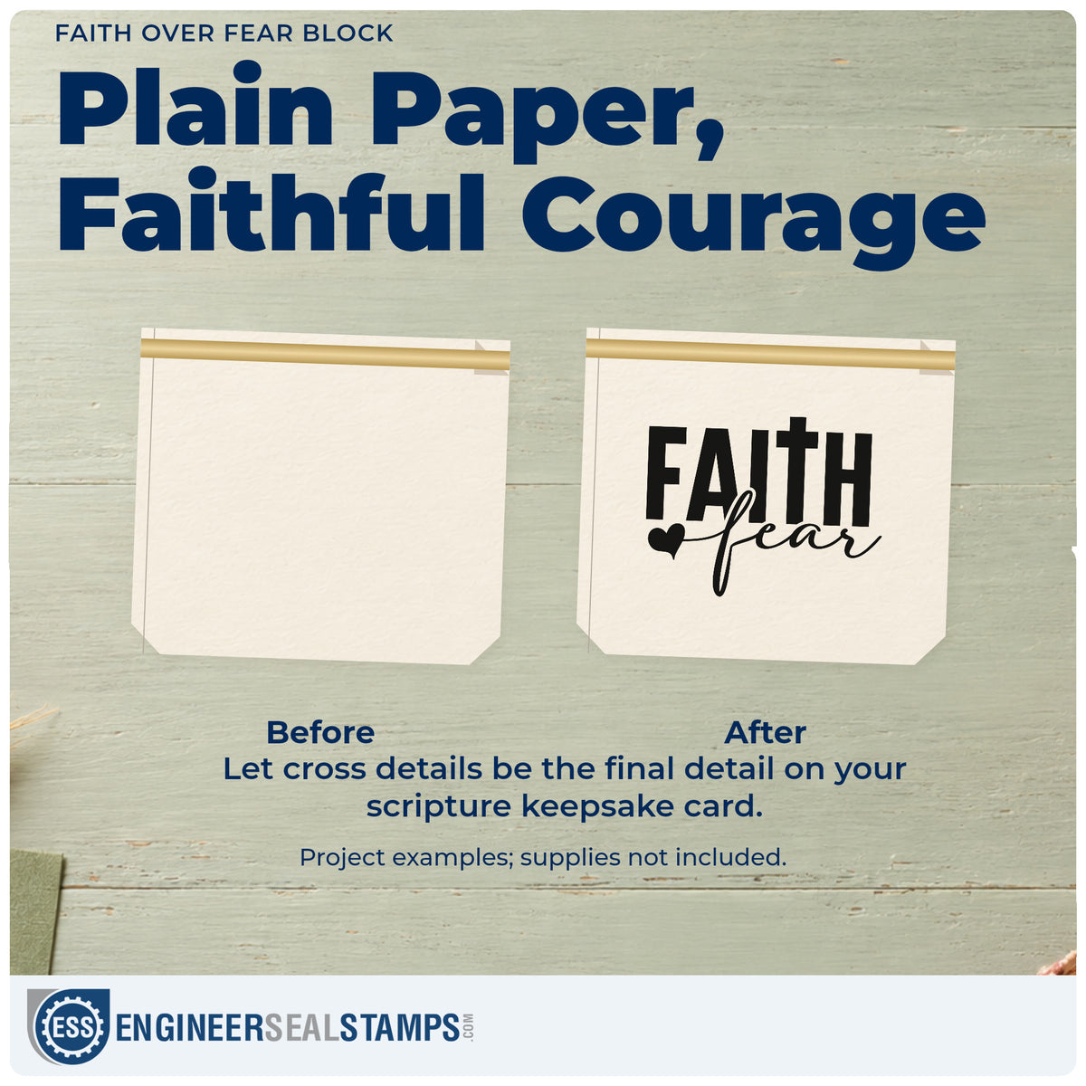 Before and after of a plain item finished with the Faith Over Fear Block With Cross Wood Handle Stamp, a quick upgrade for surgery care tags.