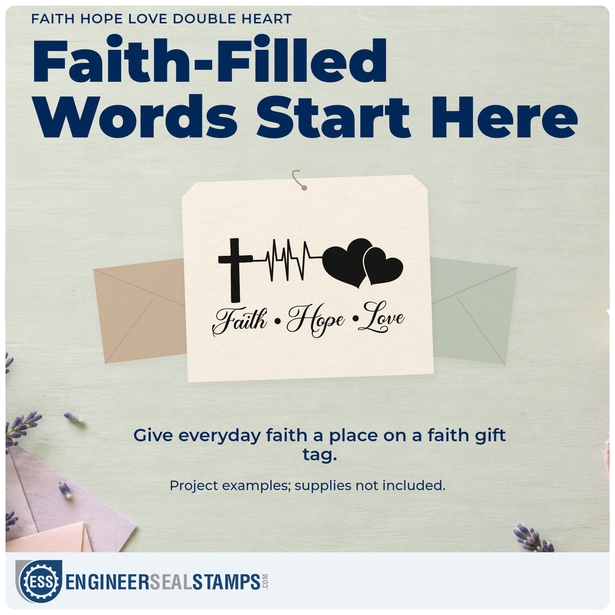 A finished handmade project stamped with the Faith Hope Love Double Heart Craft Stamp – Self-Inking, ideal for cardiology office gifts.