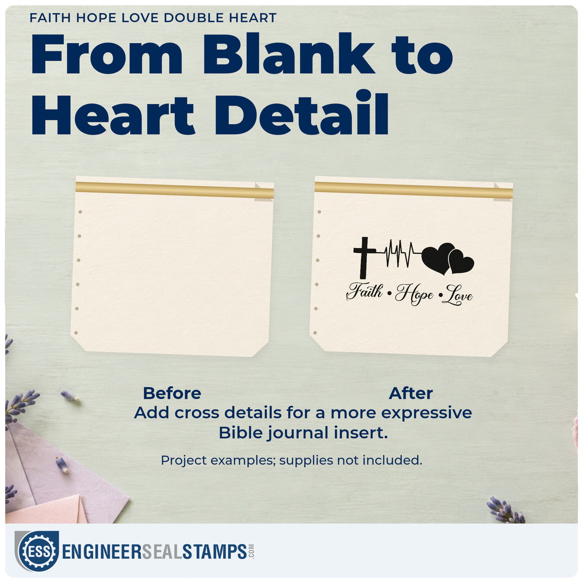 Before and after of a plain item finished with the Faith Hope Love Double Heart Pre-Inked Stamp – Slim, a quick upgrade for blood drive thank-yous.