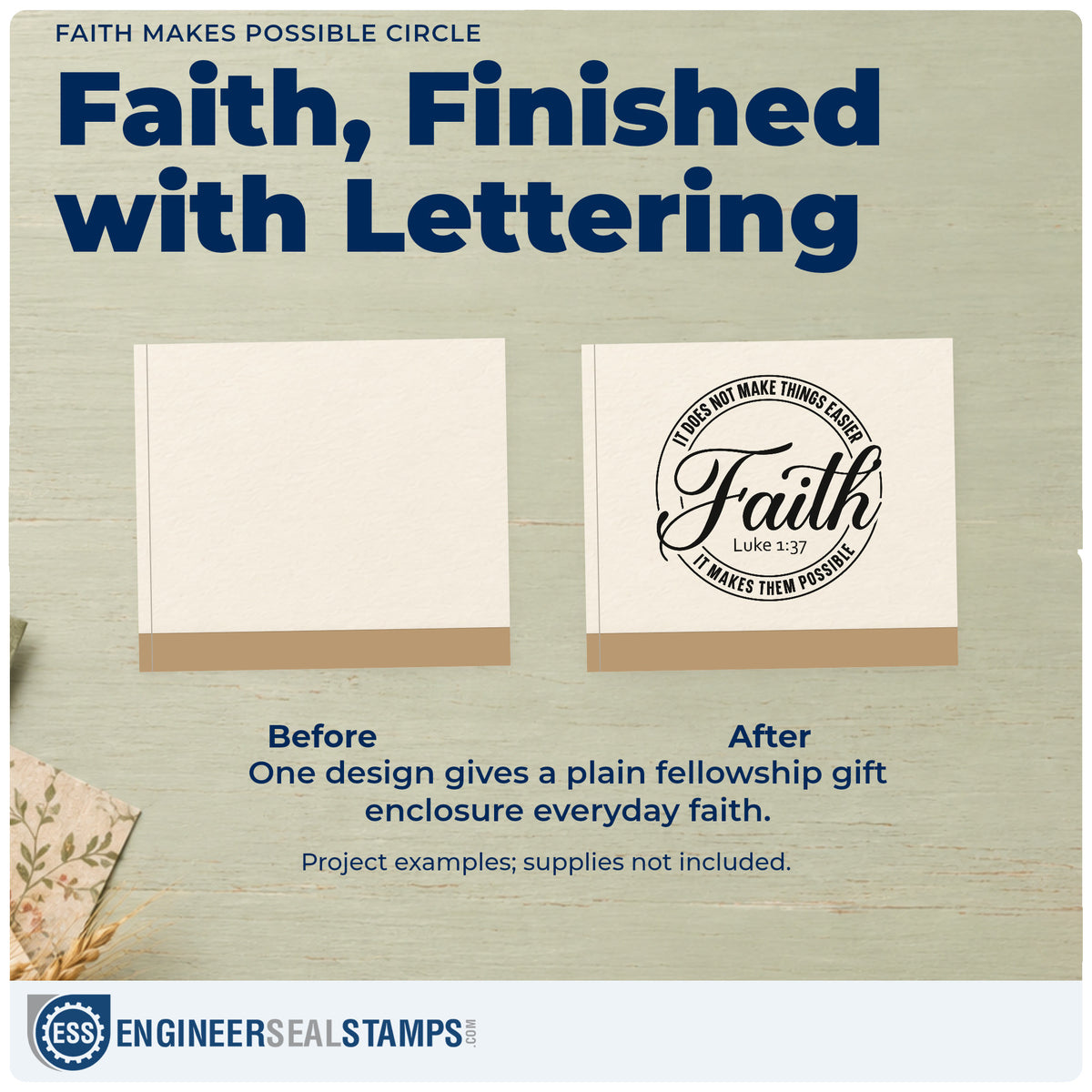 Before and after of a plain item finished with the Faith Makes Possible Circle With Cross Rubber Stamp – Duo Hand, a quick upgrade for canvas totes.