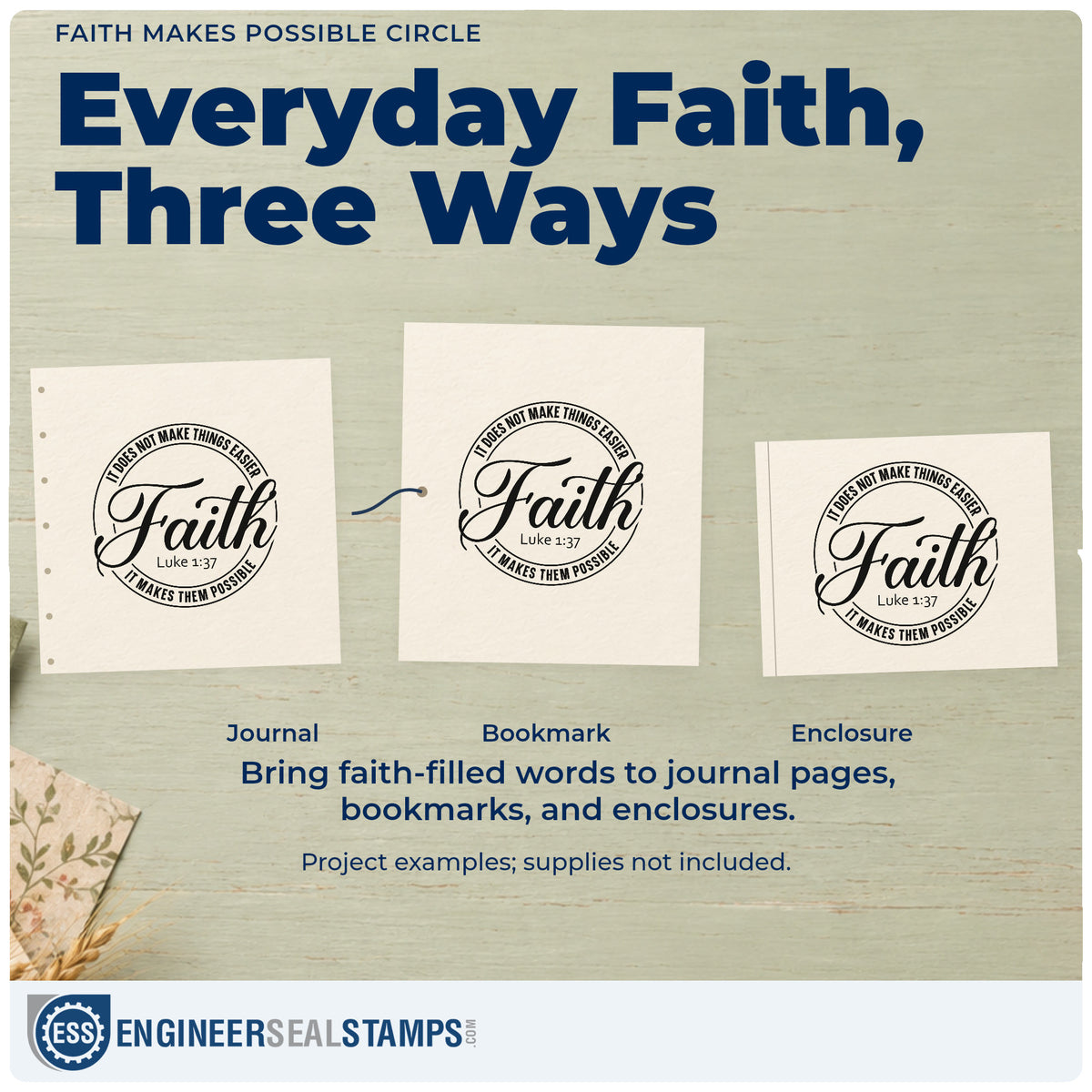 Three project examples made with the Faith Makes Possible Circle With Cross Rubber Stamp – Duo Hand, including hard year pages.