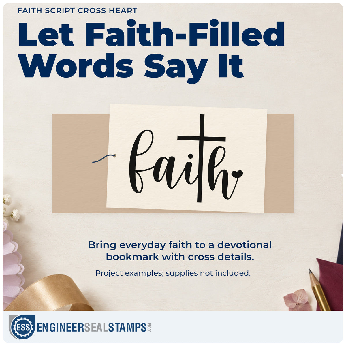 A finished handmade project stamped with the Faith Script Cross Heart Stamp – Self-Inking, ideal for confirmation tags.