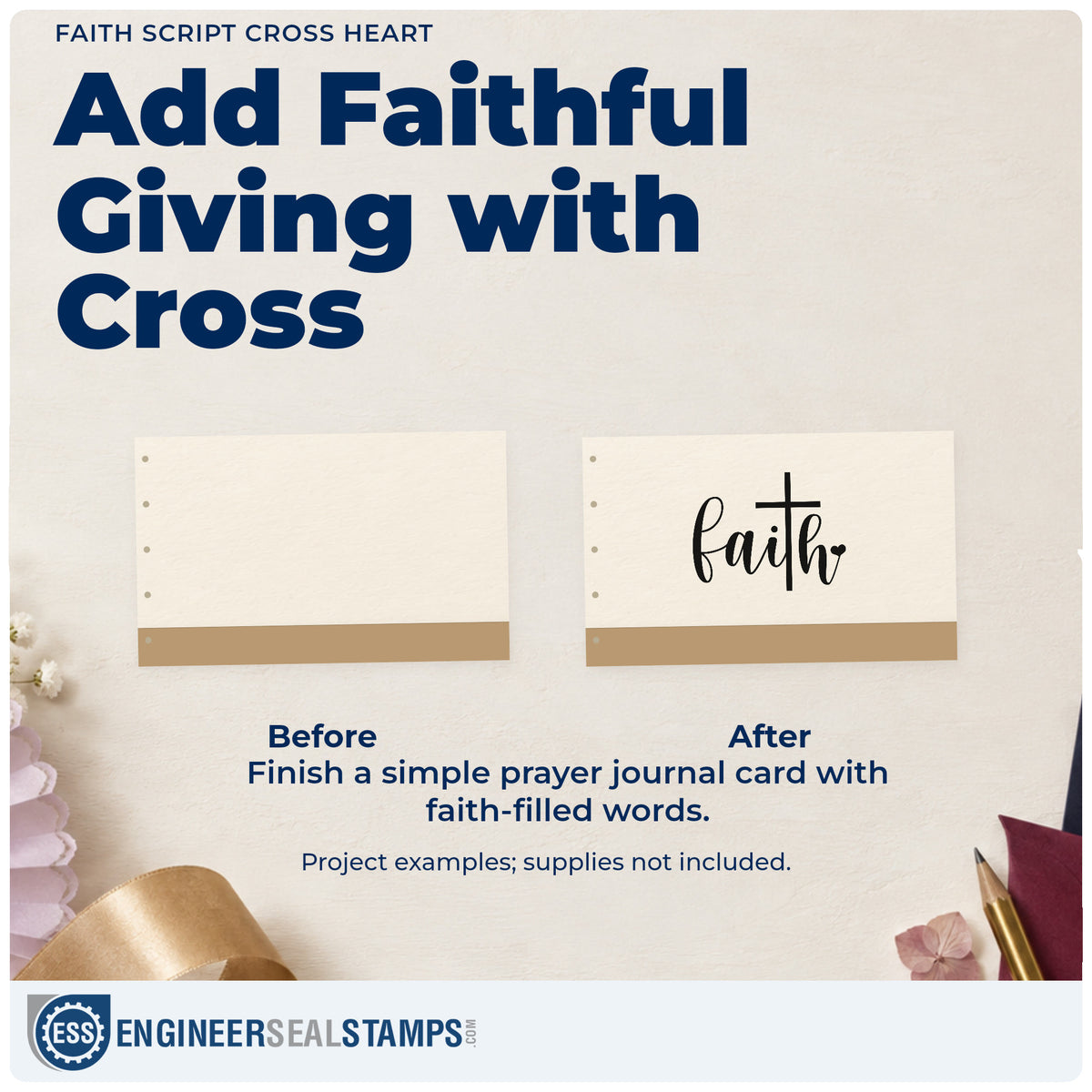 Before and after of a plain item finished with the PSI Pre-Inked Faith Script Cross Heart Stamp, a quick upgrade for envelope seals.