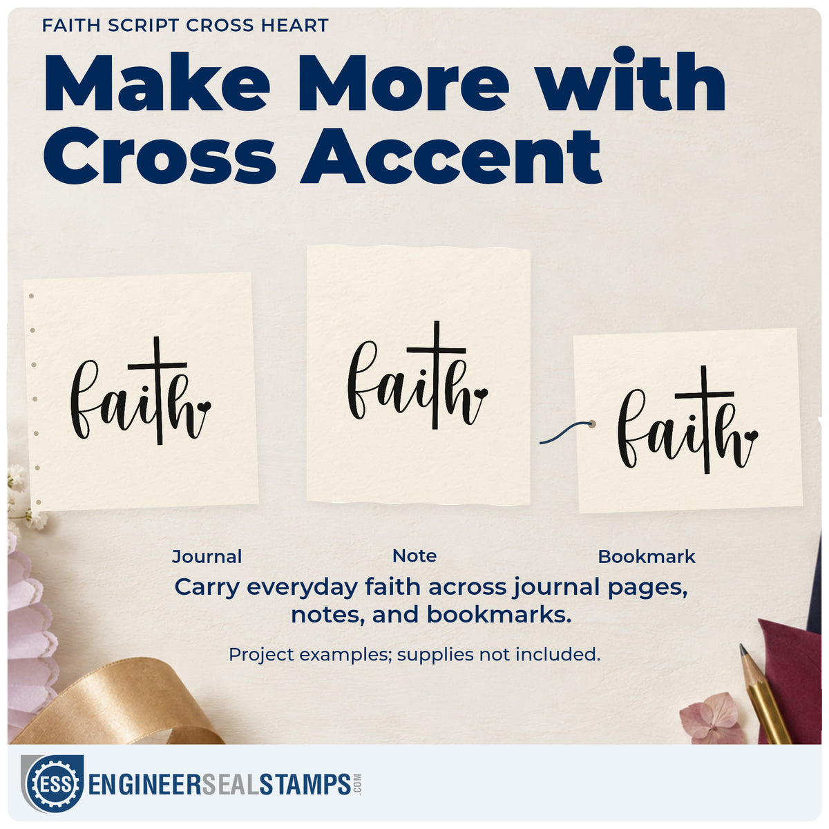 Three project examples made with the PSI Pre-Inked Faith Script Cross Heart Stamp, including title word pages.