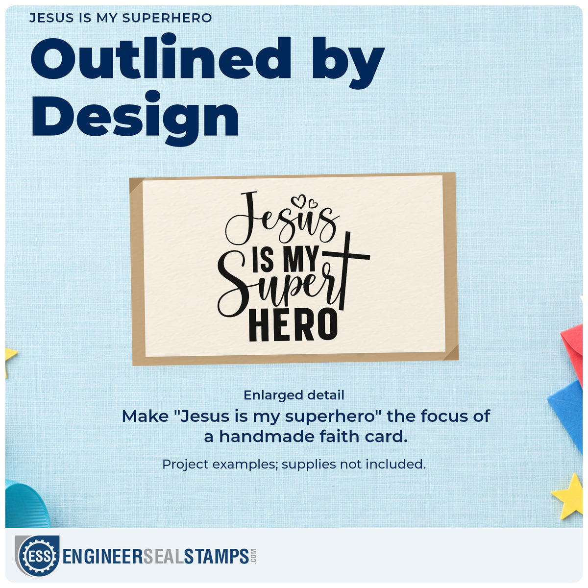 Enlarged detail of the Jesus Is My Superhero With Cross Rubber Stamp – Duo Hand imprint. Large mixed lettering reads "Jesus is my superhero," with a cross and outlined hearts.